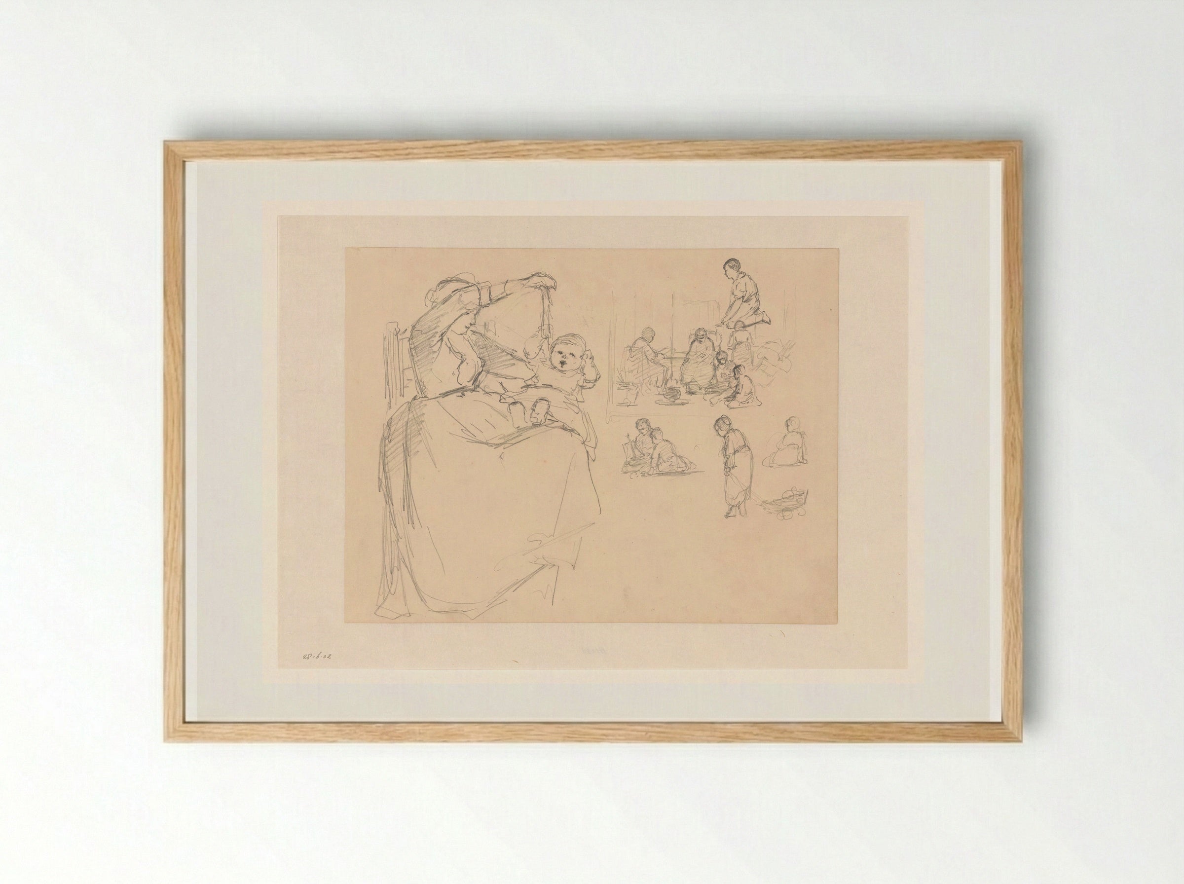 Schetsblad met moeder en spelende kinderen - Hendrik Valkenburg - Framed Print Wood