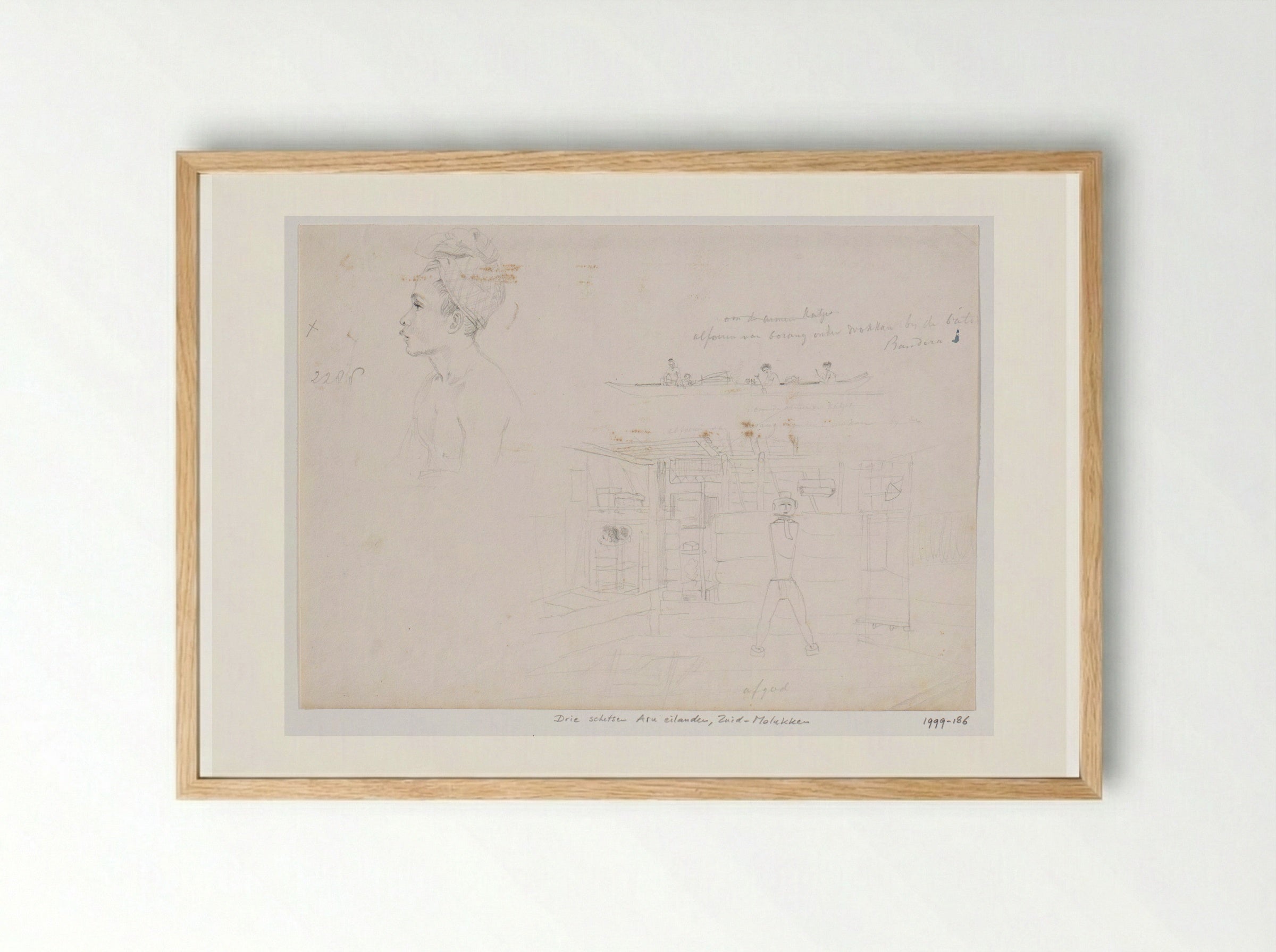 Schetsen van Alfoeren en een interieur, Aru eilanden, Zuid-Molukken - Adrianus Johannes Bik - Framed Print Wood