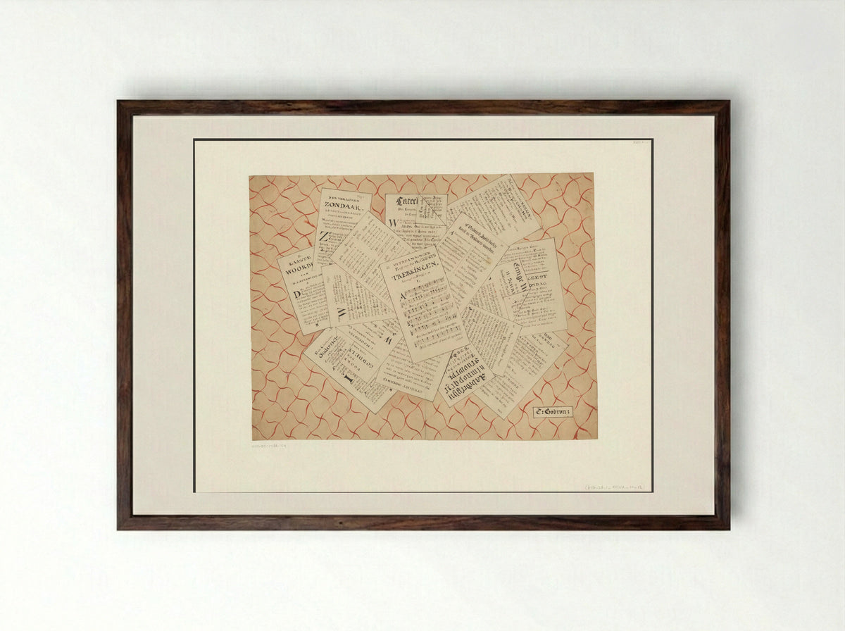 Schijnbedrieger met bladmuziek en ander drukwerk - E. Godron - Framed Print Dark Wood