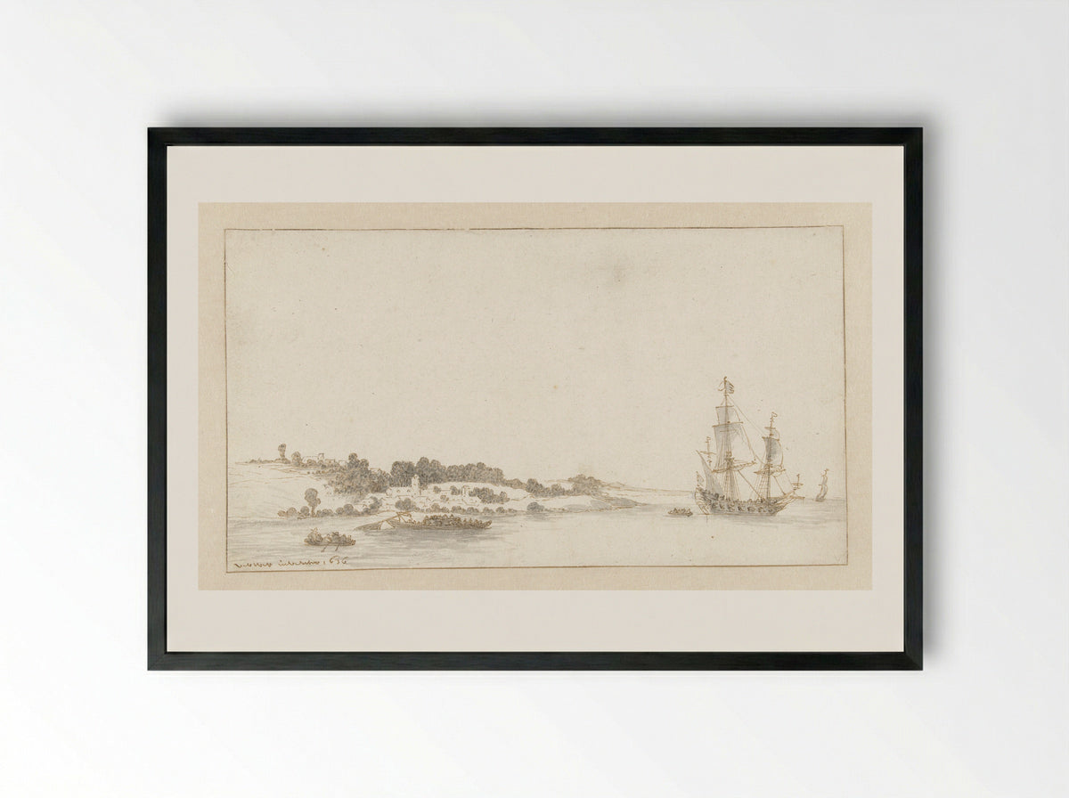Schip en enkele sloepen bij een dorp aan de kust - Abraham de Verwer - Framed Print Black