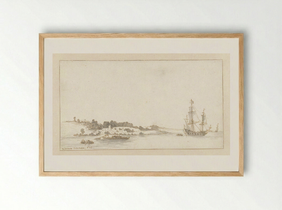 Schip en enkele sloepen bij een dorp aan de kust - Abraham de Verwer - Framed Print Wood