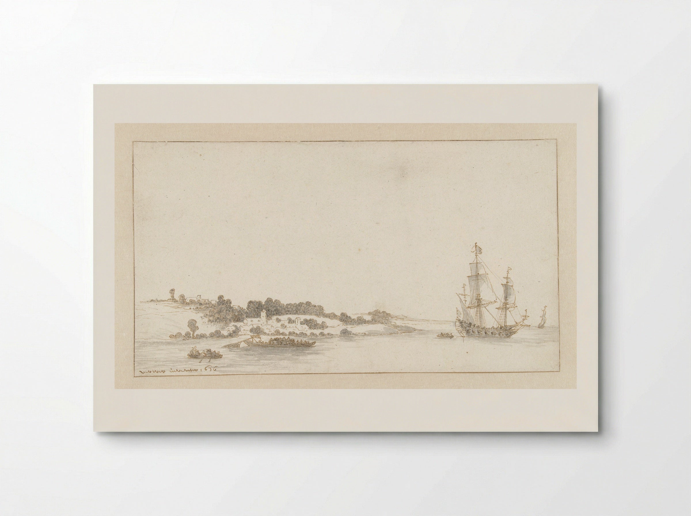 Schip en enkele sloepen bij een dorp aan de kust - Abraham de Verwer - Poster