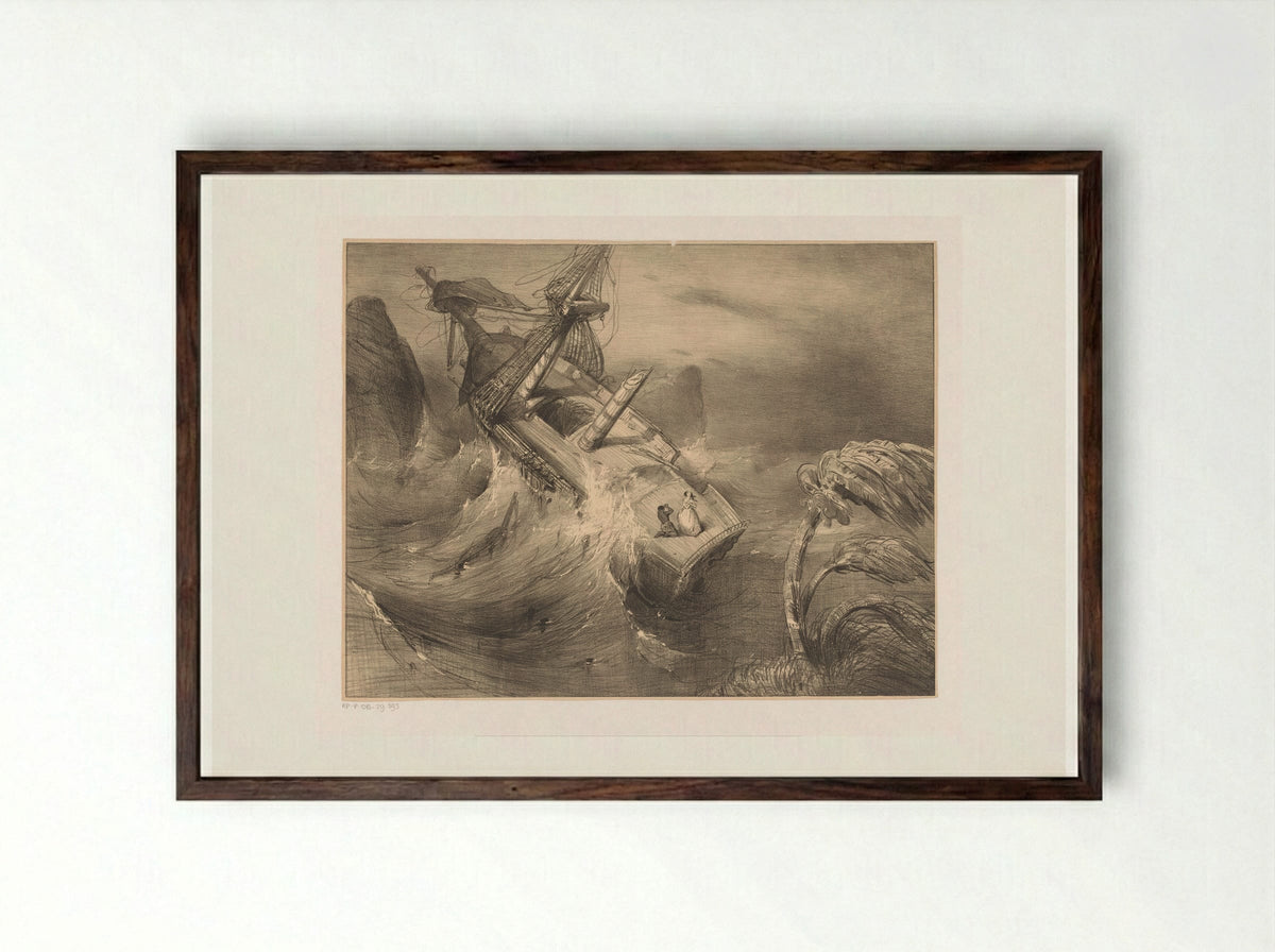 Schip in nood bij hevige storm - Charles Rochussen - Framed Print Dark Wood