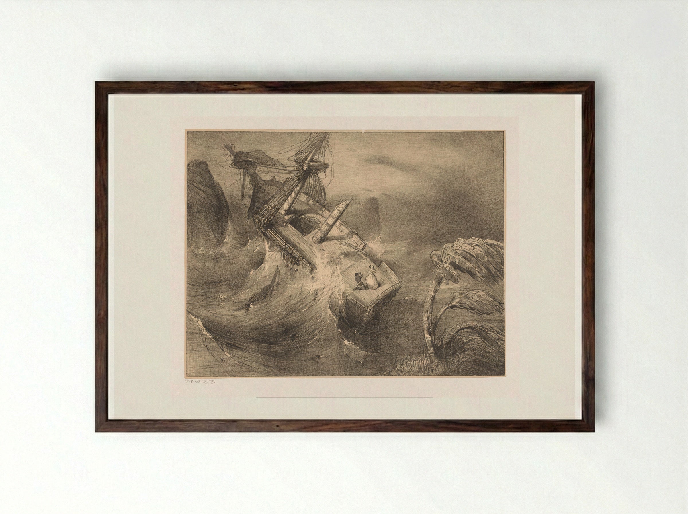 Schip in nood bij hevige storm - Charles Rochussen - Framed Print Dark Wood