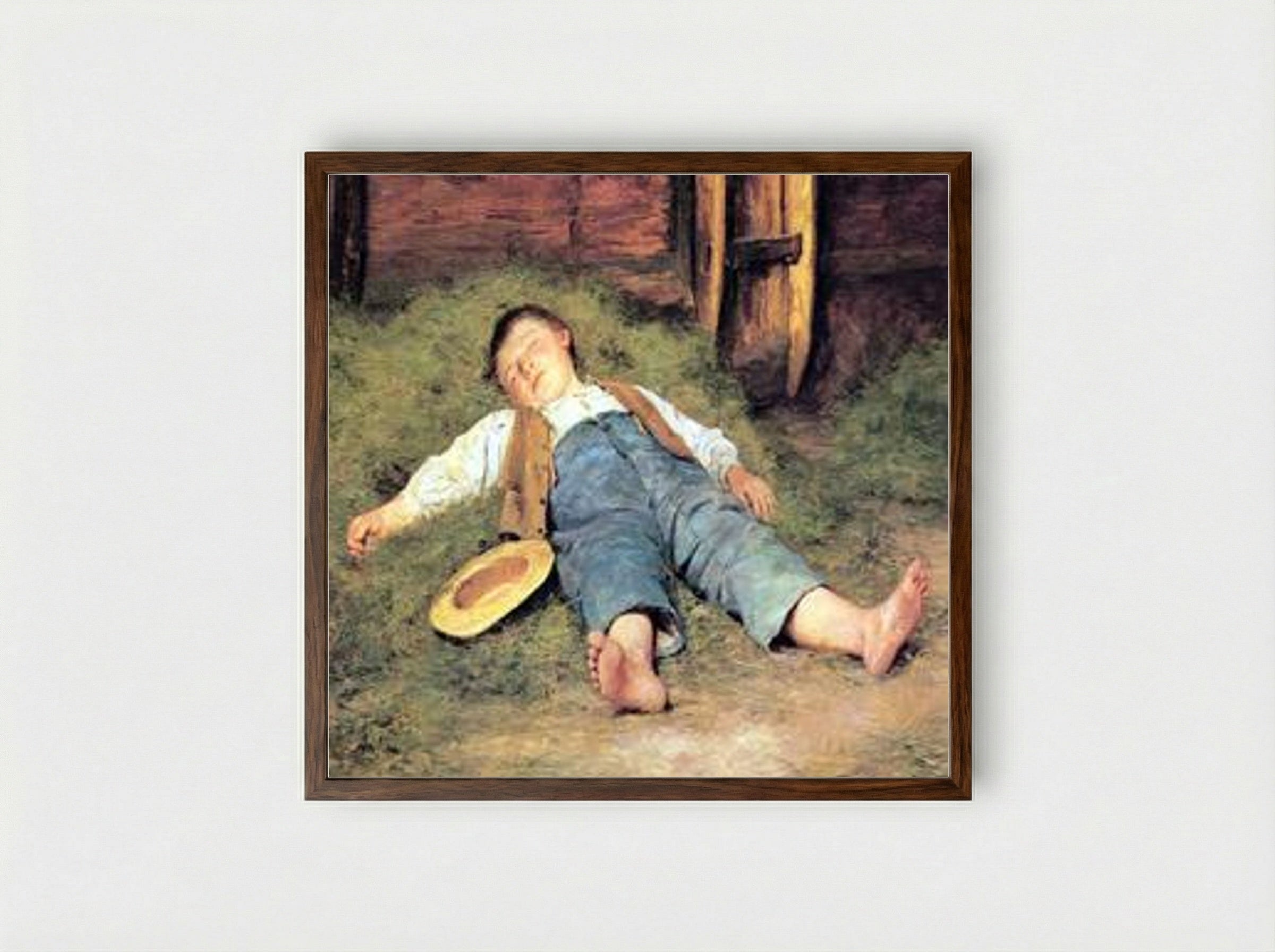 Schlafender Knabe im Heu - Albert Anker - Framed Print Dark Wood