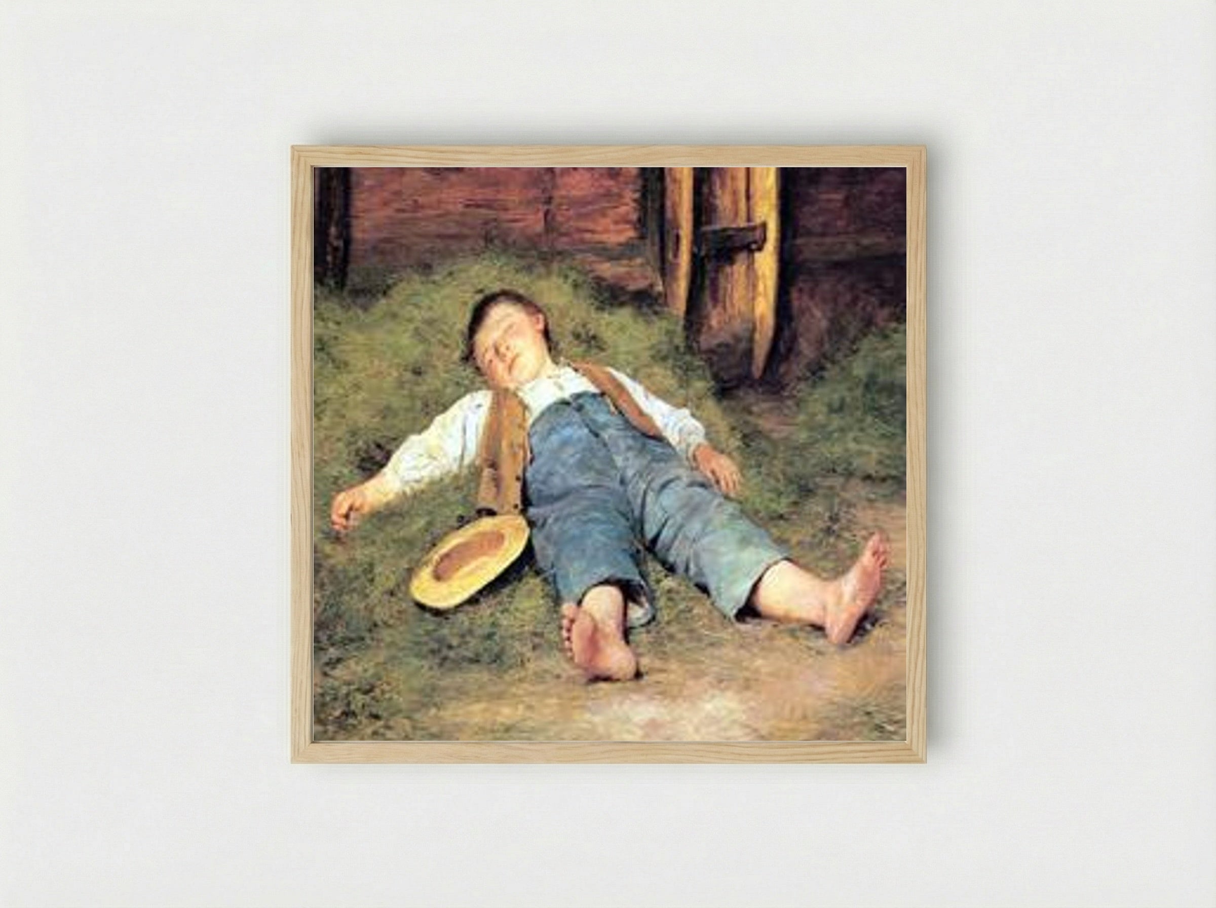 Schlafender Knabe im Heu - Albert Anker - Framed Print Wood