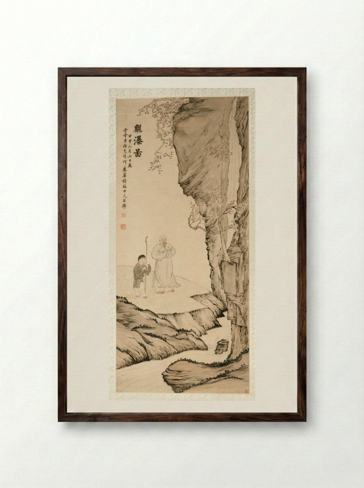 Scholar Watching the Waterfall - Luo Ping - Framed Print Dark Wood