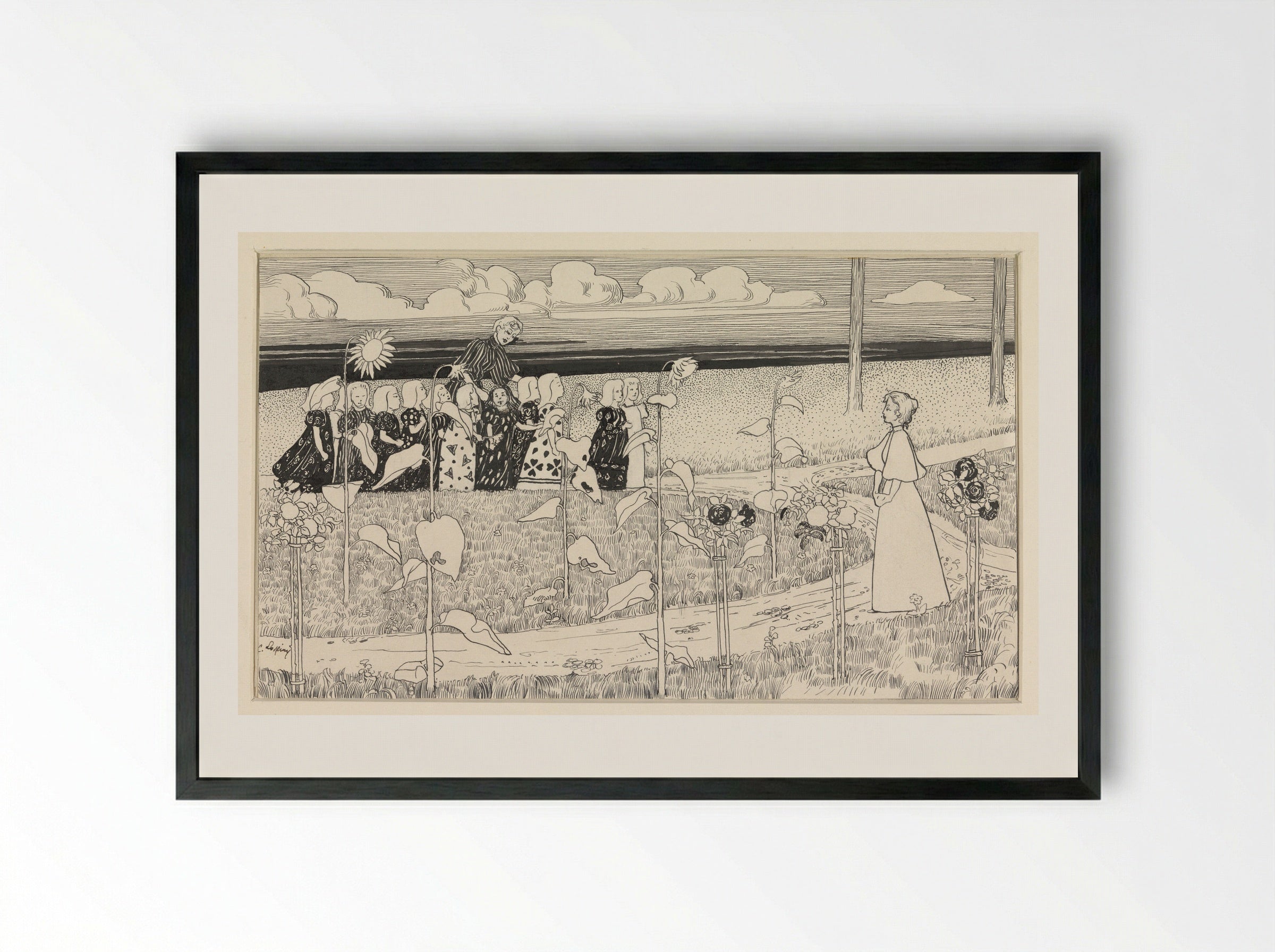 Schoolklas meisjes met begeleidsters in landschap met zonnebloemen - C. Lapine - Framed Print Black