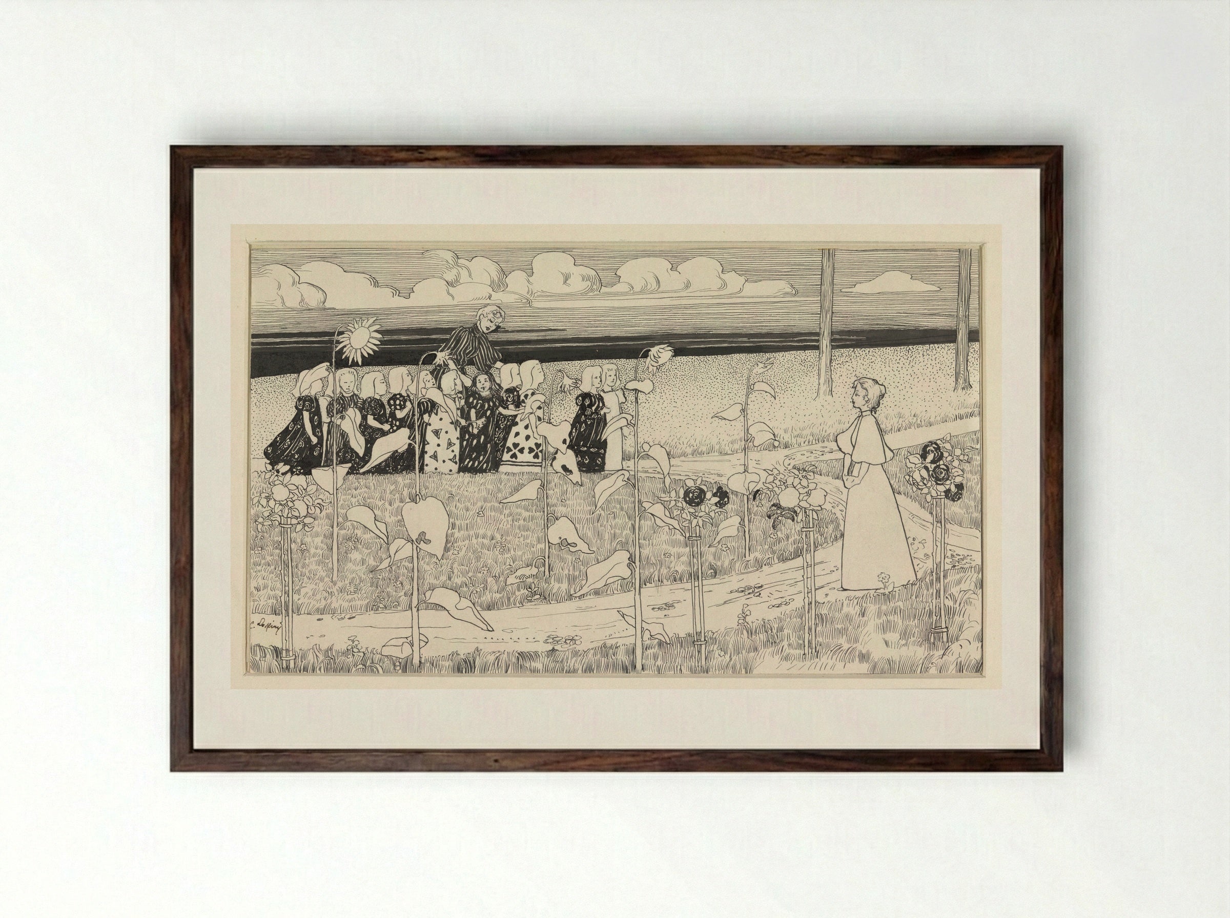Schoolklas meisjes met begeleidsters in landschap met zonnebloemen - C. Lapine - Framed Print Dark Wood