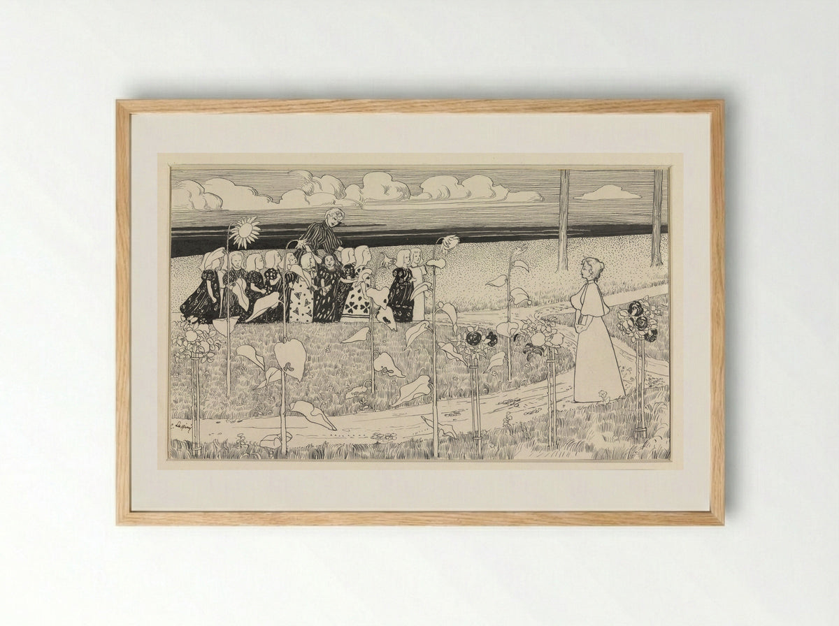 Schoolklas meisjes met begeleidsters in landschap met zonnebloemen - C. Lapine - Framed Print Wood