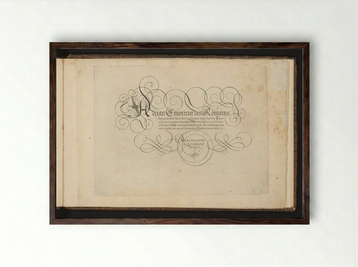 Schrijfvoorbeeld: Adrian Empereur des Romains - Cornelis Dircksz. Boissens - Framed Print Dark Wood