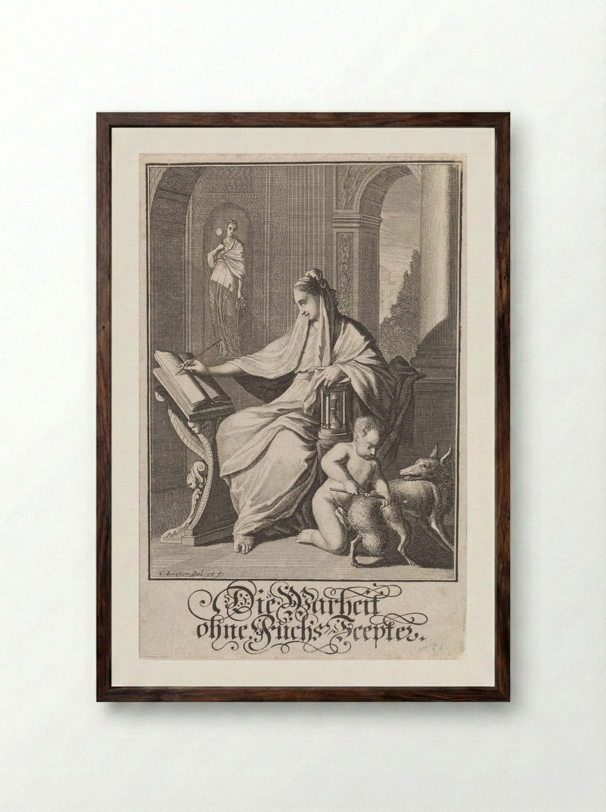Schrijvende vrouw met zandloper - Christoph Weigel - Framed Print Dark Wood