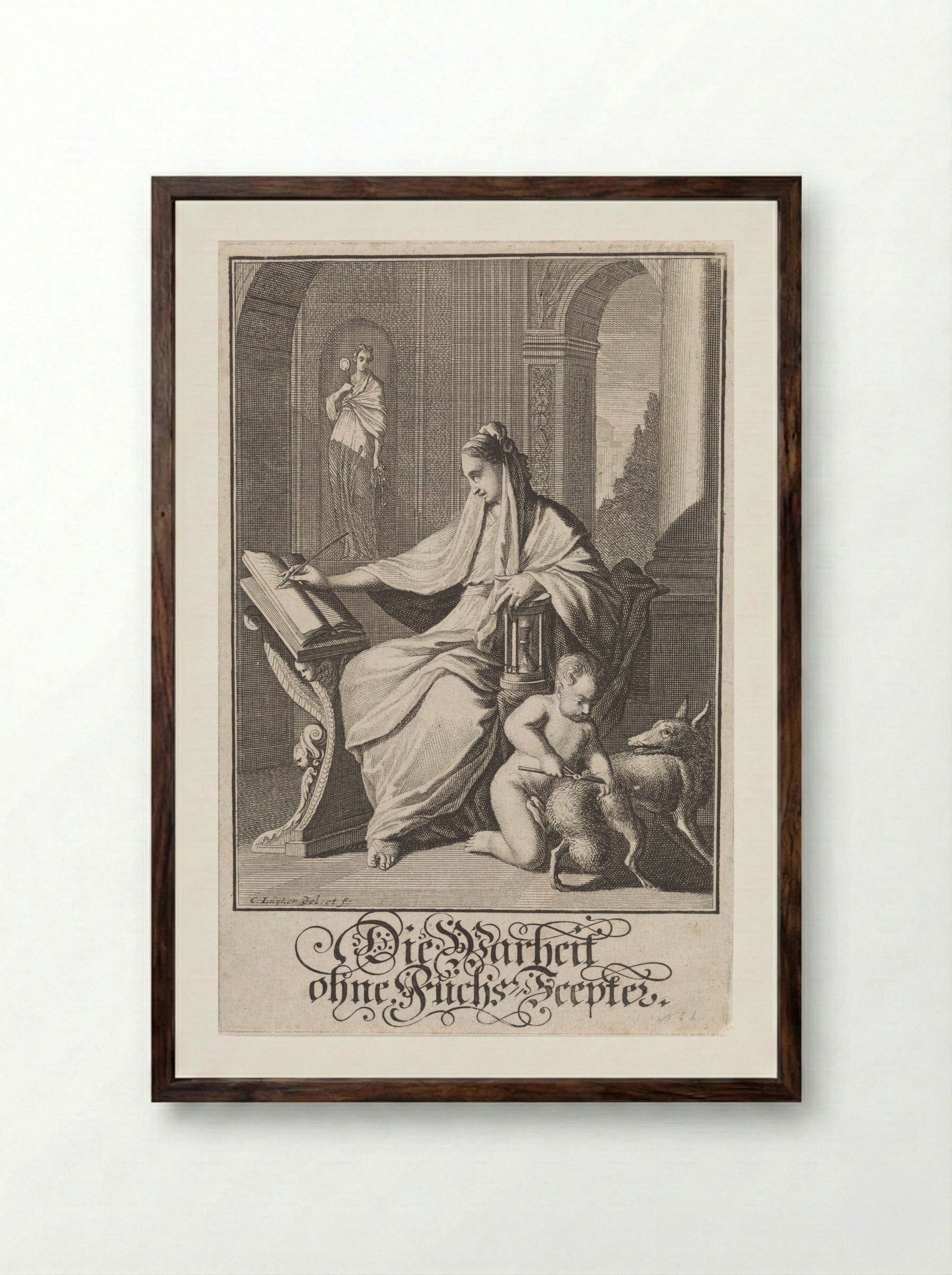 Schrijvende vrouw met zandloper - Christoph Weigel - Framed Print Dark Wood