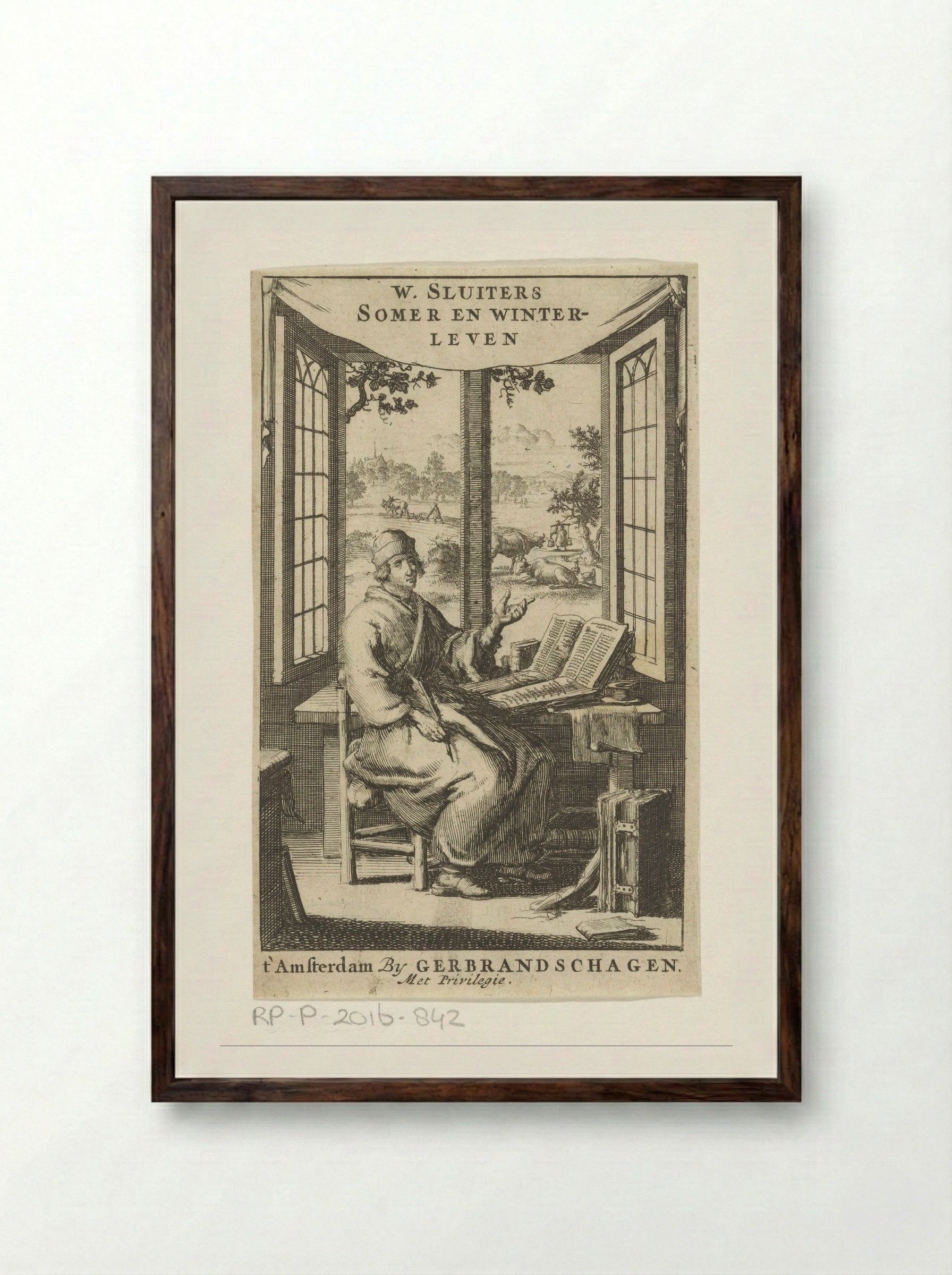 Schrijver aan bureau bij geopend venster - Jan Luyken - Framed Print Dark Wood