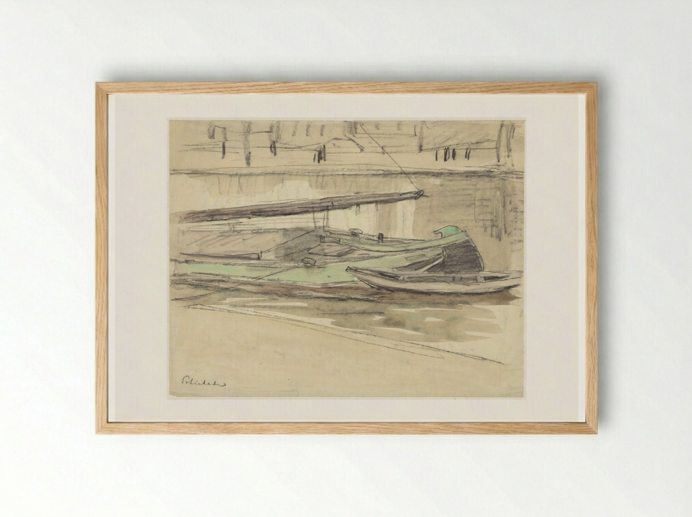 Schuit aangemeerd aan de Schiekade - Adolf le Comte - Framed Print Wood
