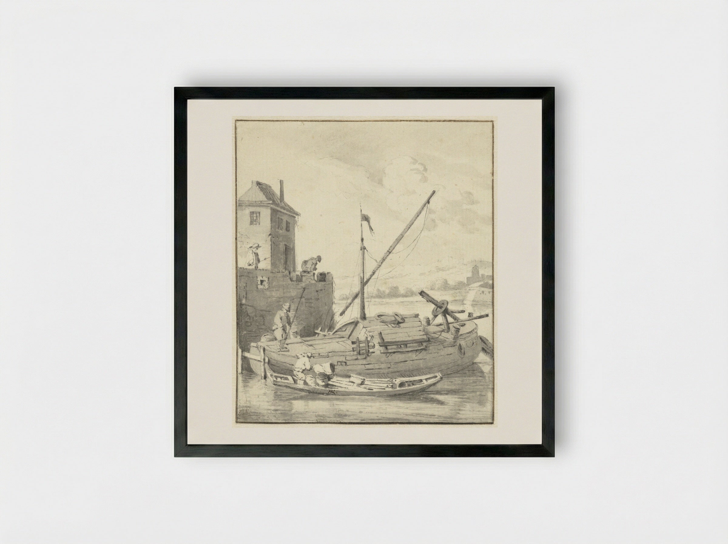Schuit bij een stadsmuur - Hendrik Rietschoof - Framed Print Black