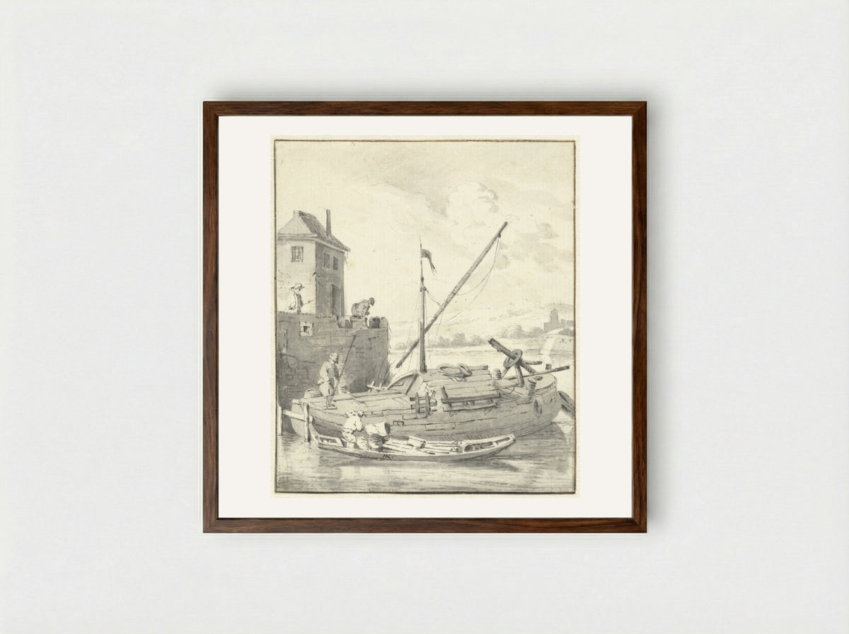 Schuit bij een stadsmuur - Hendrik Rietschoof - Framed Print Dark Wood