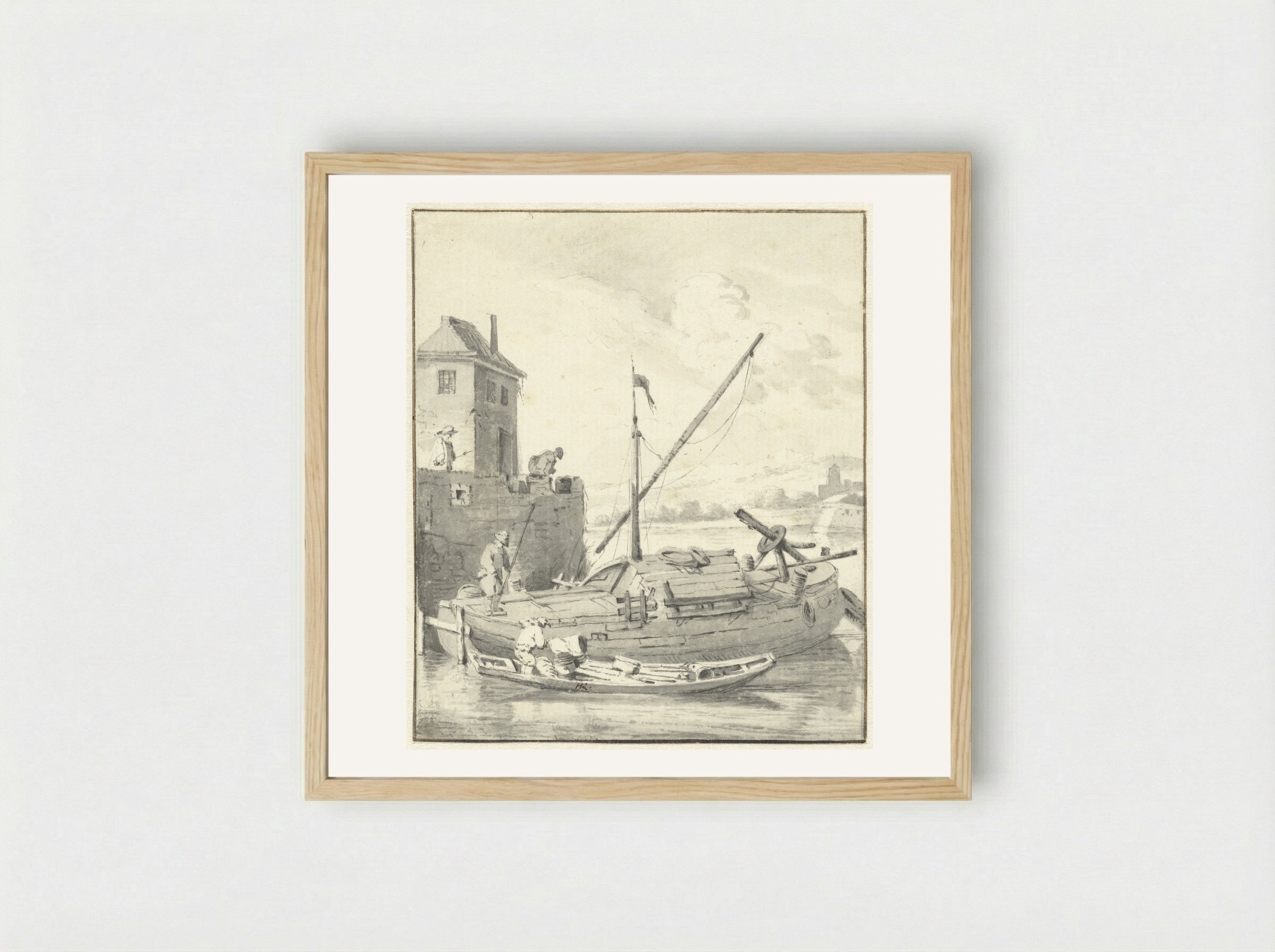 Schuit bij een stadsmuur - Hendrik Rietschoof - Framed Print Wood