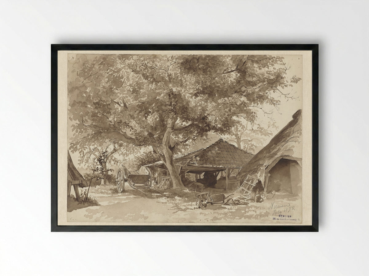 Schuren onder hoog geboomte (Barns Under Tall Trees) - Willem de Haas Hemken - Framed Print Black