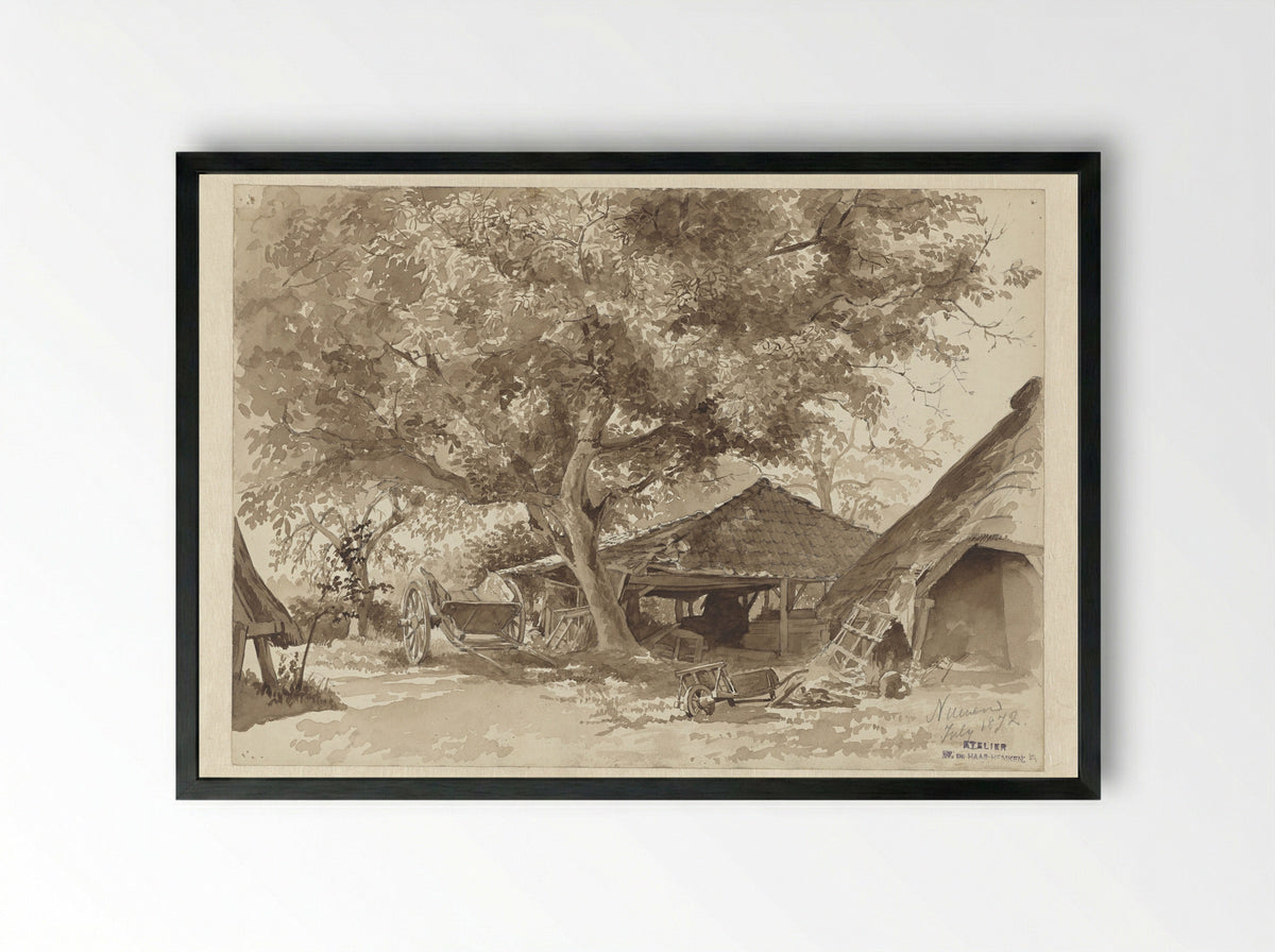 Schuren onder hoog geboomte (Barns Under Tall Trees) - Willem de Haas Hemken - Framed Print Black