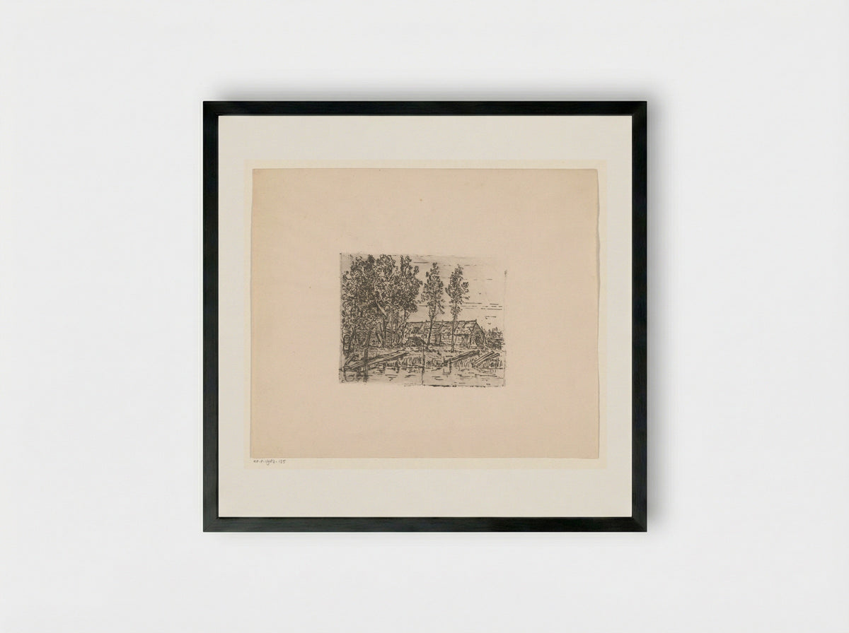 Schuur aan een sloot (Barn by a Ditch) - Jan Paul Valkema Blouw - Framed Print Black
