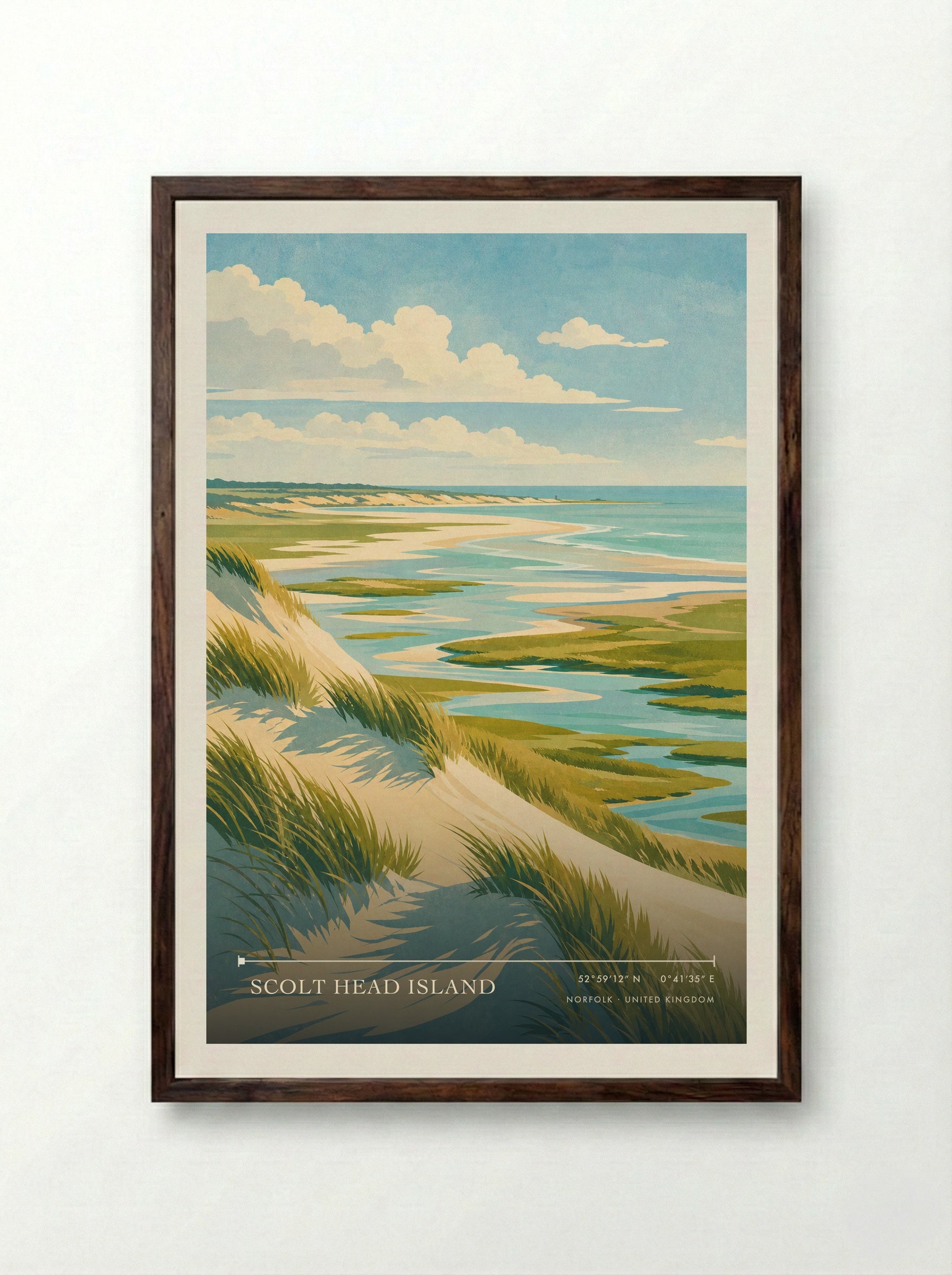 Scolt Head Island Norfolk United Kingdom Travel Poster - Framed Print Dark Wood