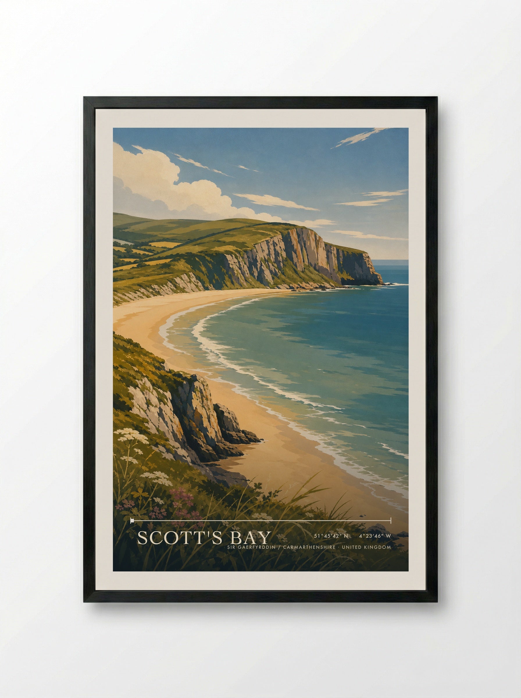 Scott's Bay Sir Gaerfyrddin / Carmarthenshire United Kingdom Travel Poster - Framed Print Black