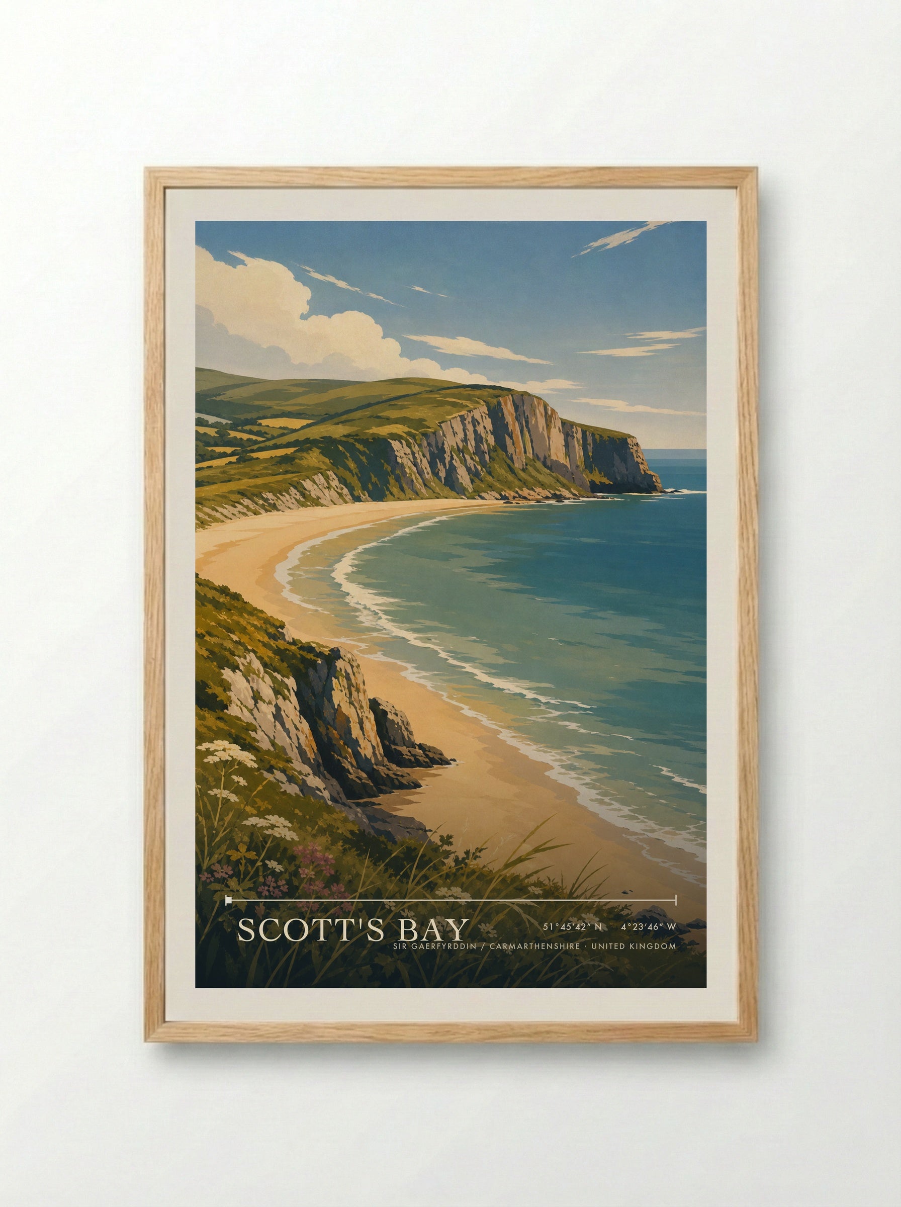 Scott's Bay Sir Gaerfyrddin / Carmarthenshire United Kingdom Travel Poster - Framed Print Wood