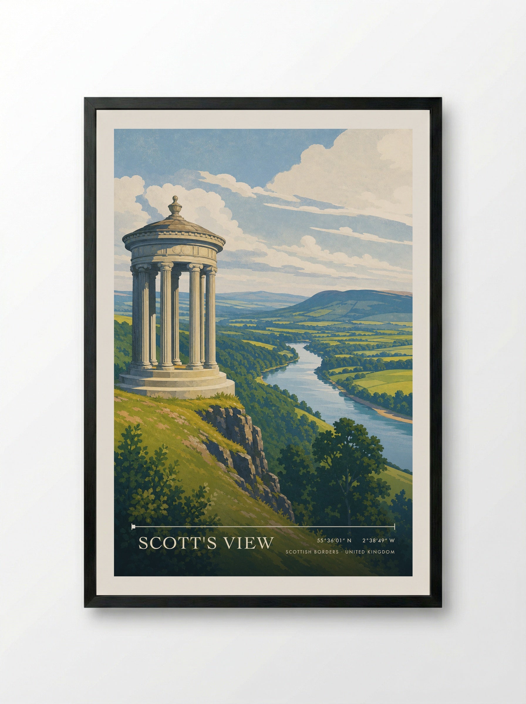 Scott's View Scottish Borders United Kingdom Travel Poster - Framed Print Black