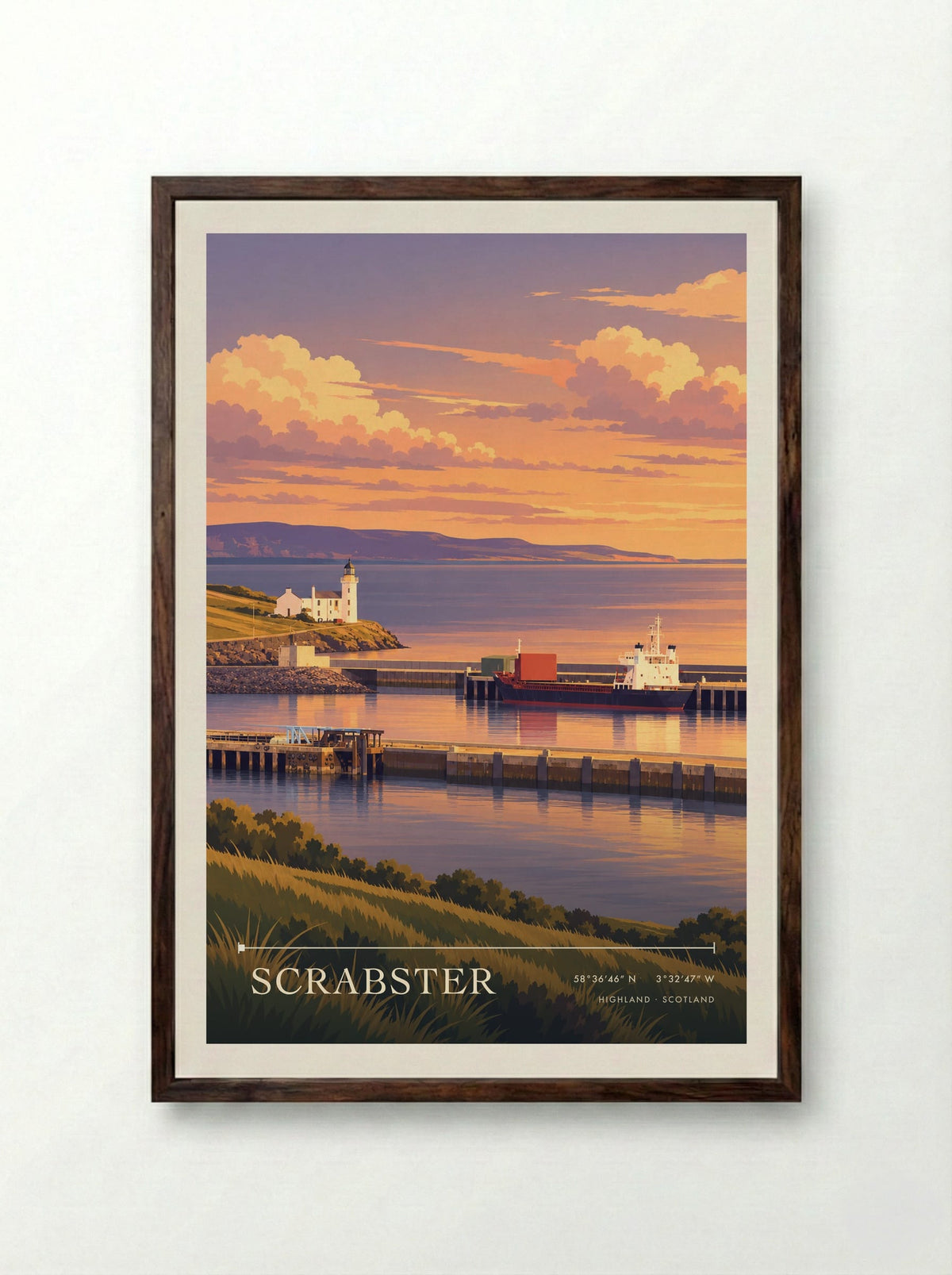 Scrabster, Highland | Travel Poster - Framed Print Dark Wood