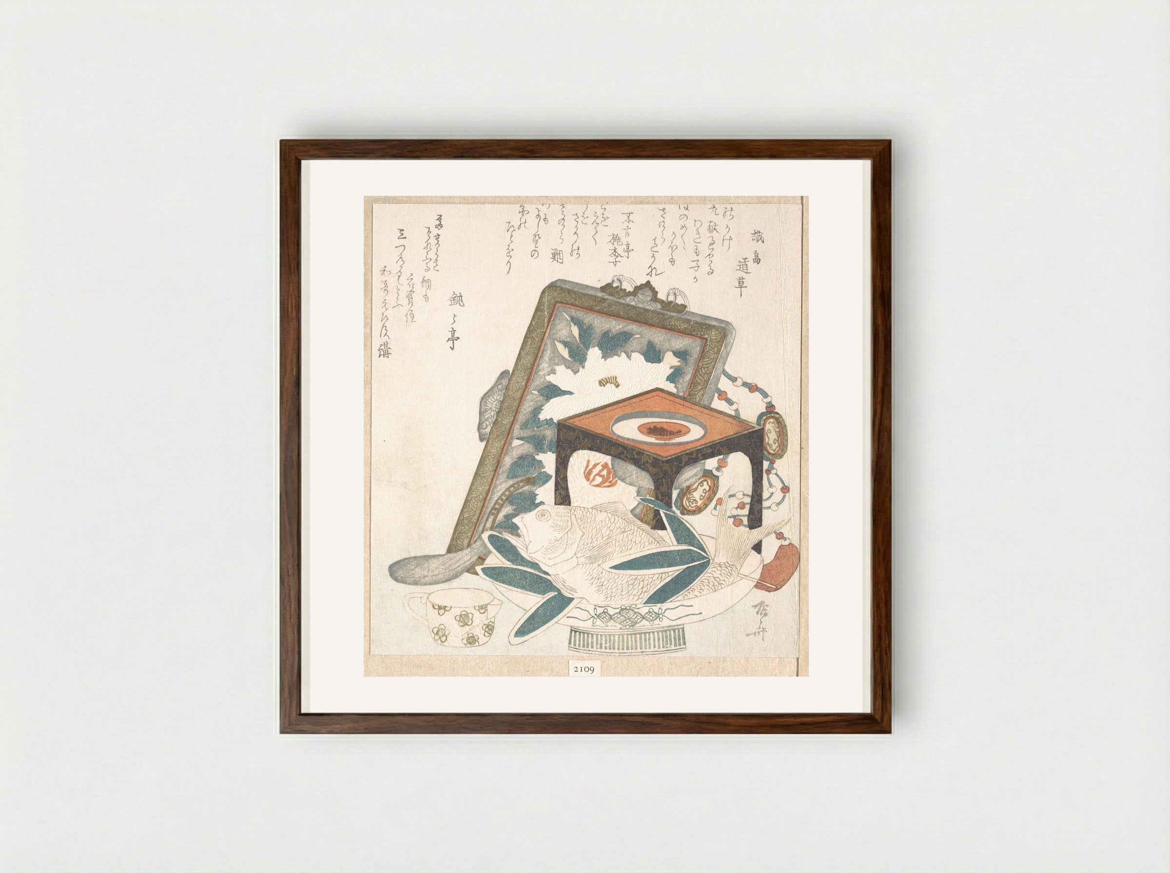 Sea Bream (Tai) on Nabeshima Porcelain Dish, Sake Cup on Stand, and Painting of a Peony - Ryūryūkyo Shinsai - Framed Print Dark Wood
