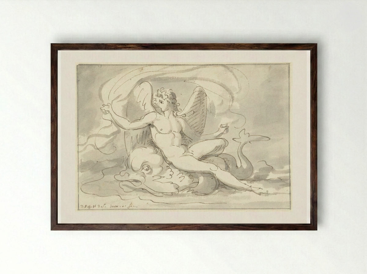 Sea God on a Dolphin - David Pièrre Giottino Humbert de Superville - Framed Print Dark Wood