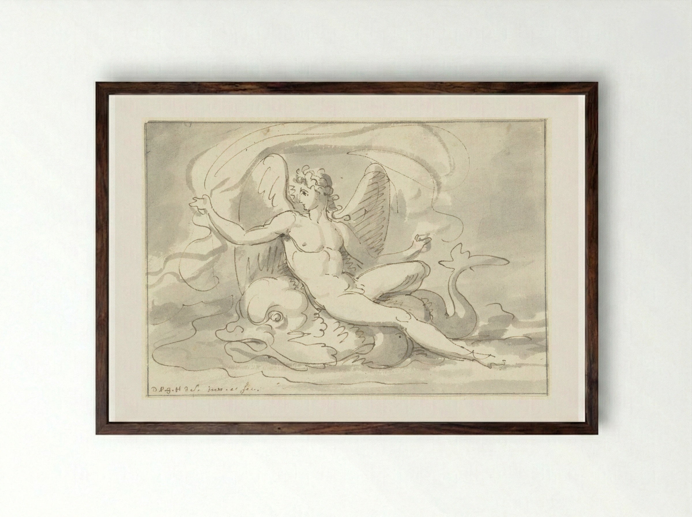 Sea God on a Dolphin - David Pièrre Giottino Humbert de Superville - Framed Print Dark Wood