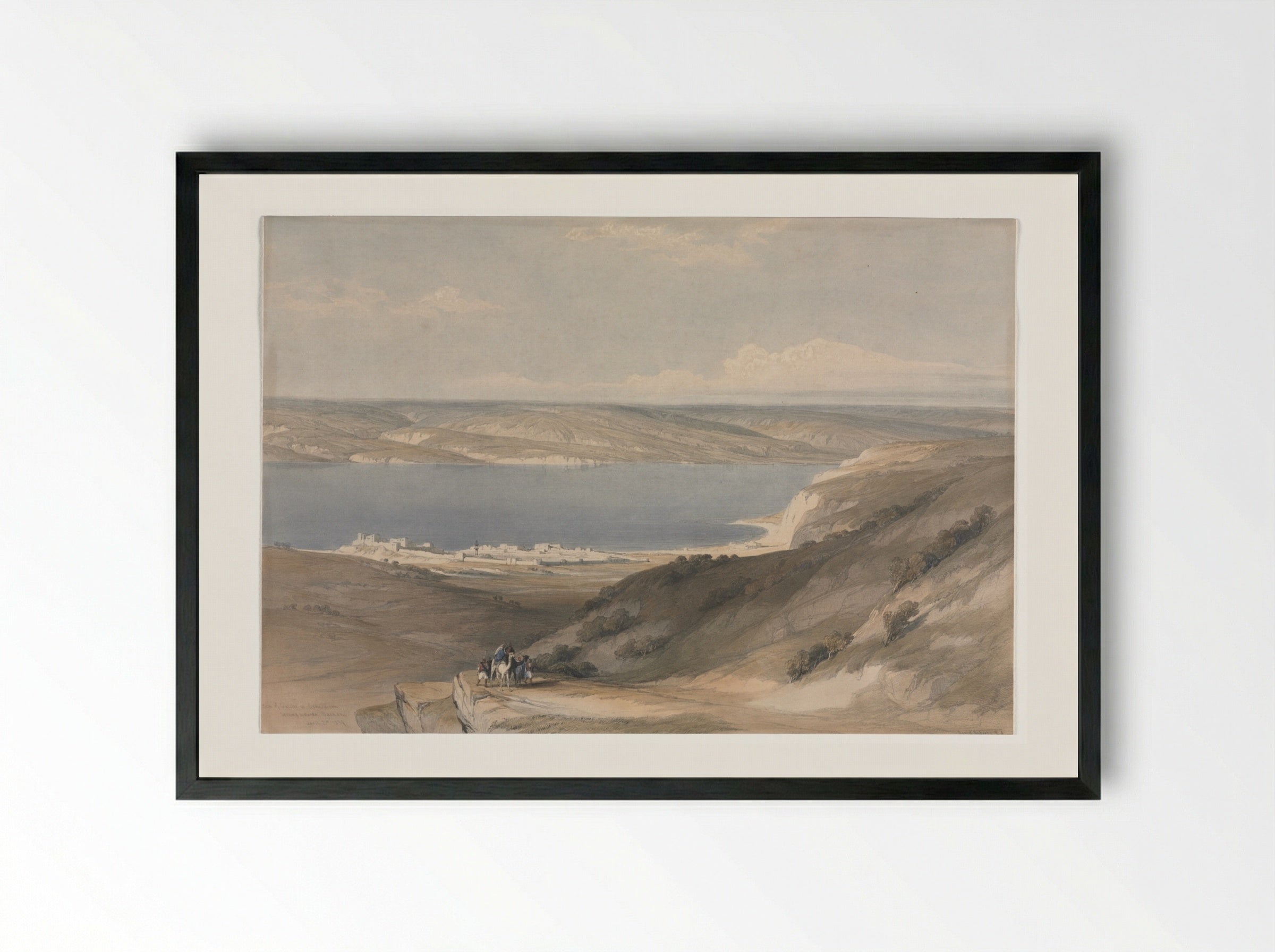 Sea of Galilee at Genezareth looking Towards Bashan - David Roberts - Framed Print Black