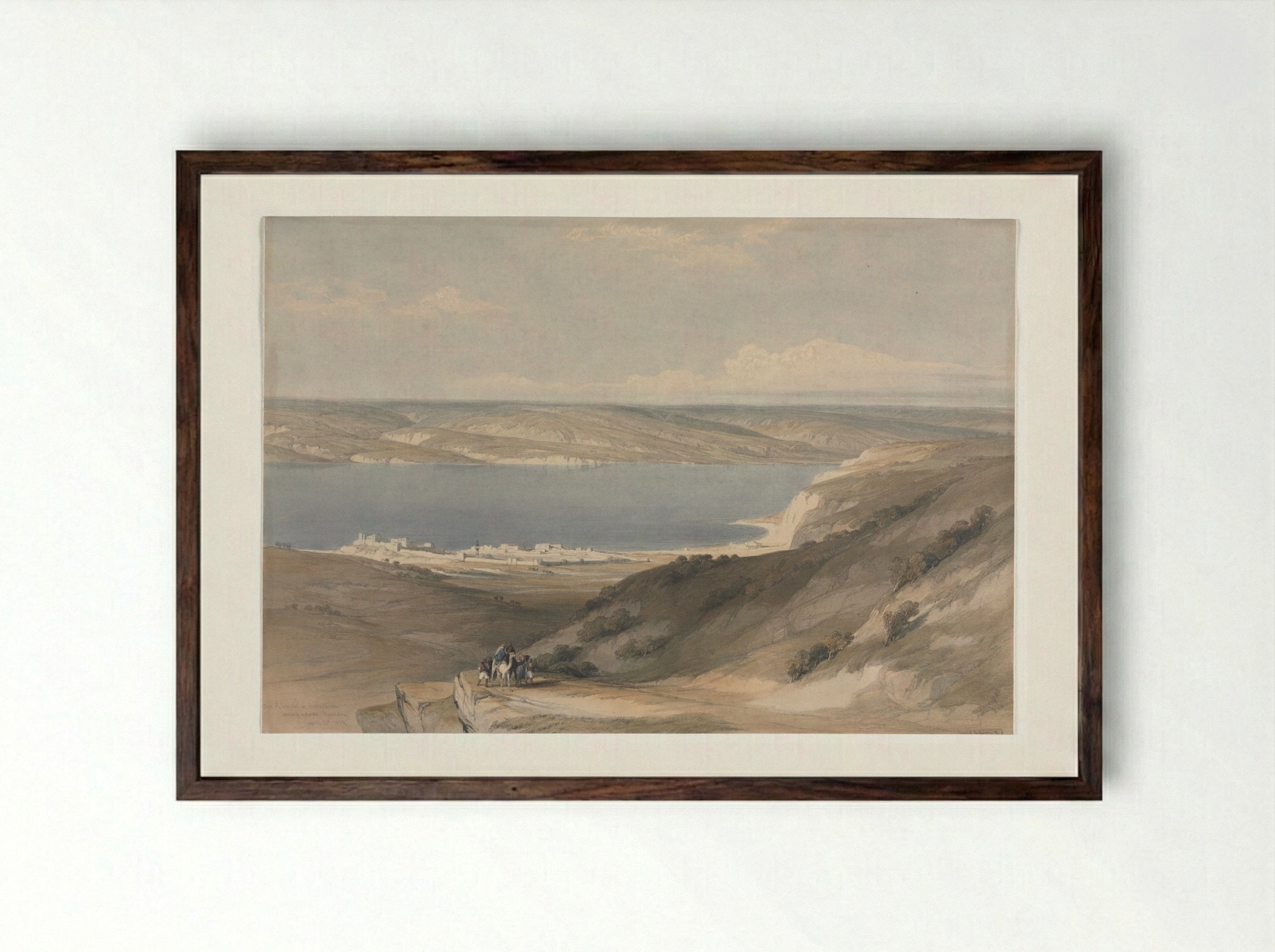 Sea of Galilee at Genezareth looking Towards Bashan - David Roberts - Framed Print Dark Wood