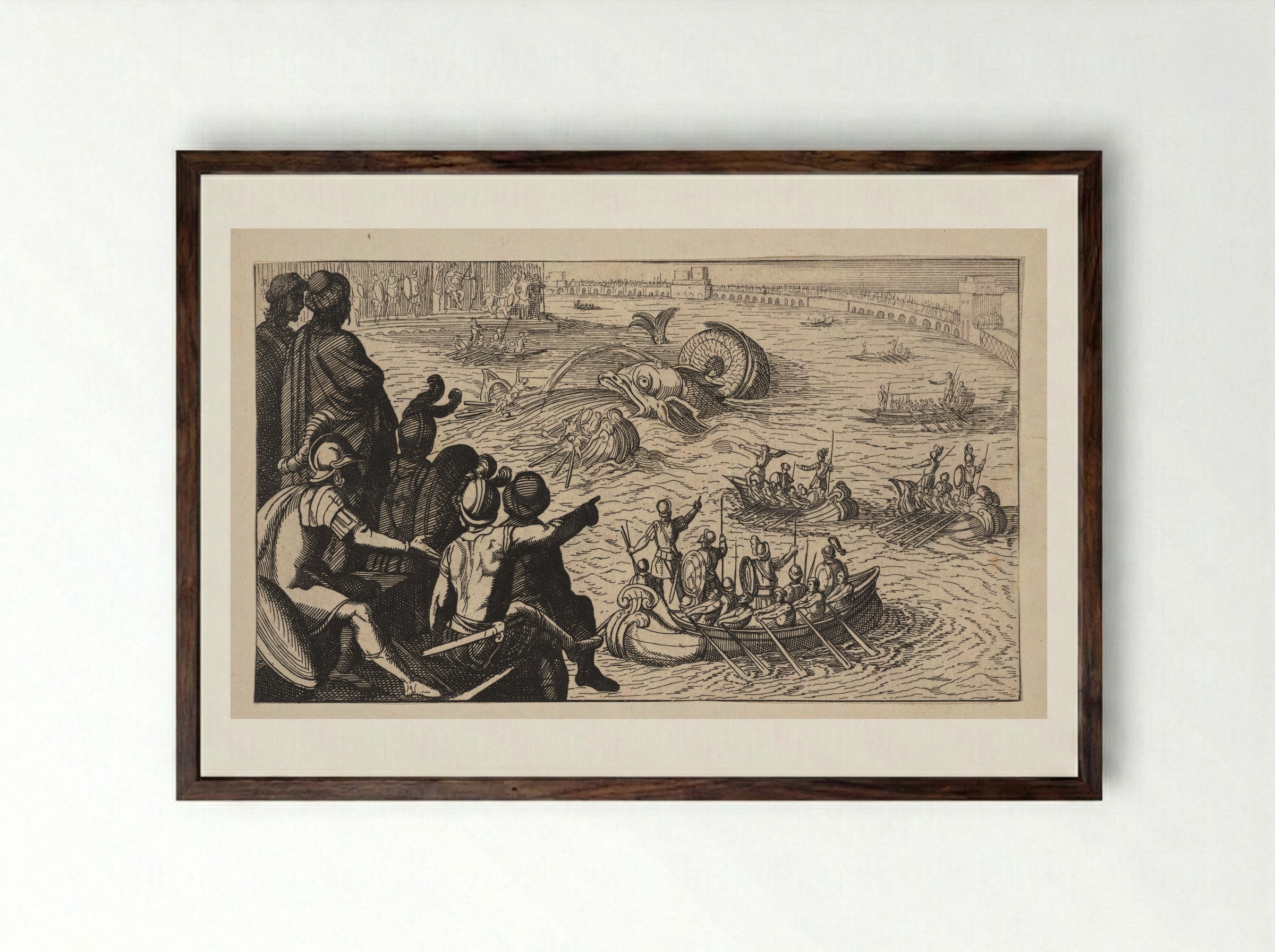 Seamen Battling a Sea Monster - Antonio Tempesta - Framed Print Dark Wood