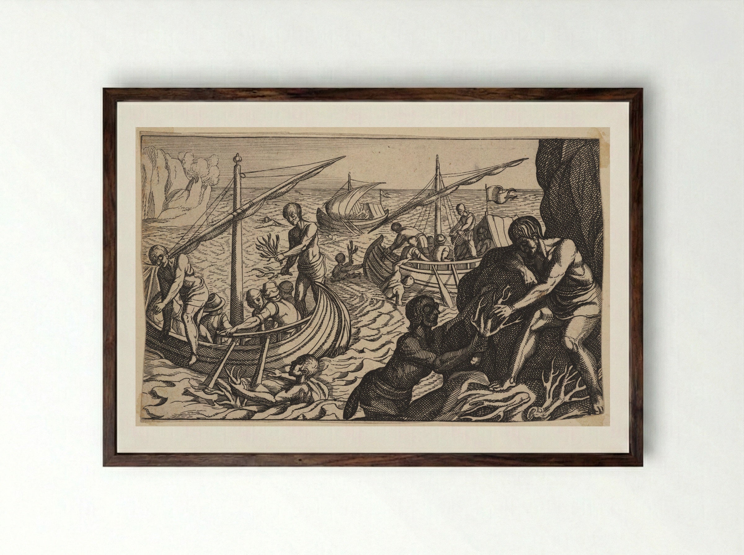 Seamen Diving for Coral - Antonio Tempesta - Framed Print Dark Wood