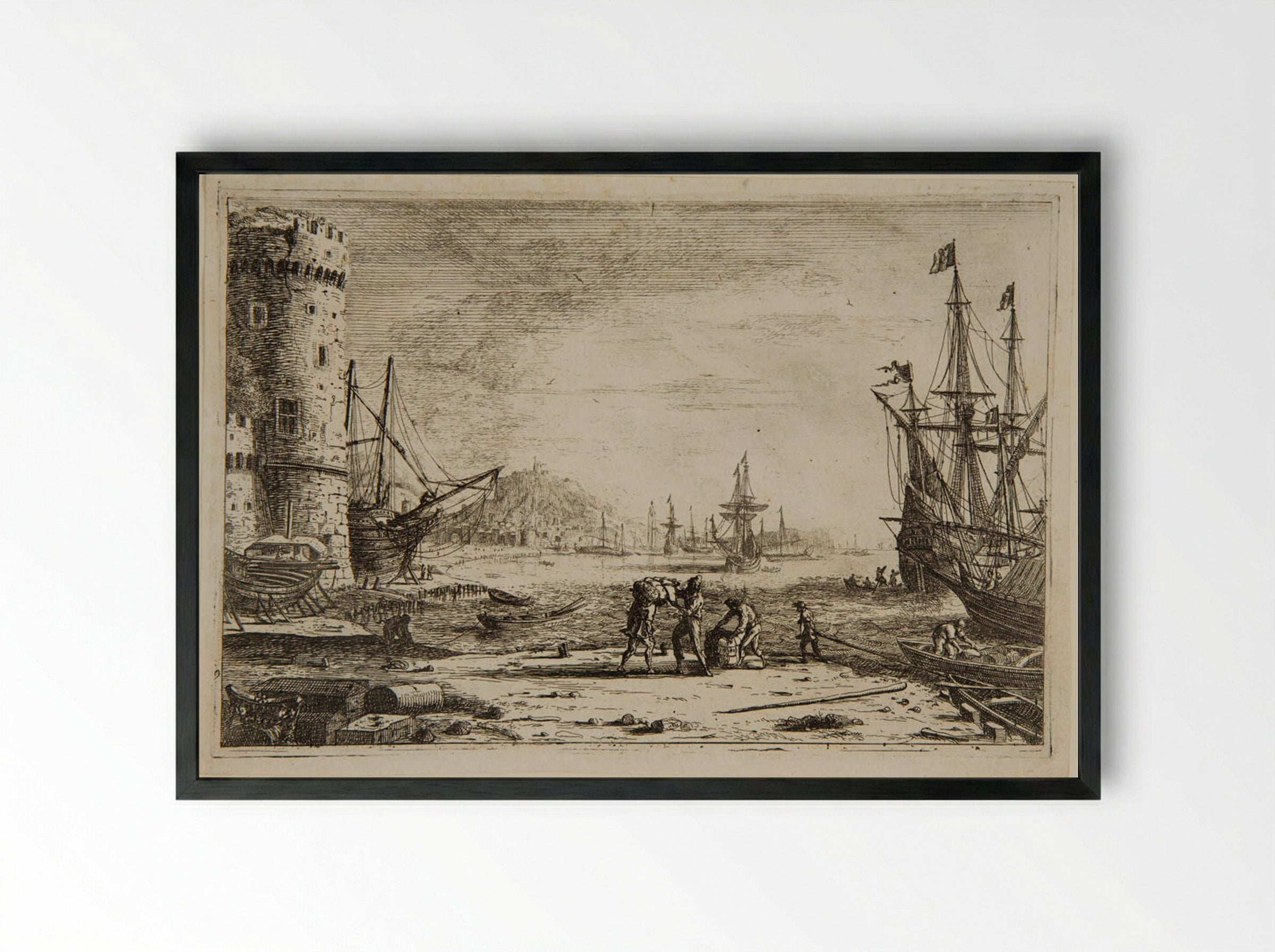 Seaport, With a Large Tower - Claude Lorrain - Framed Print Black