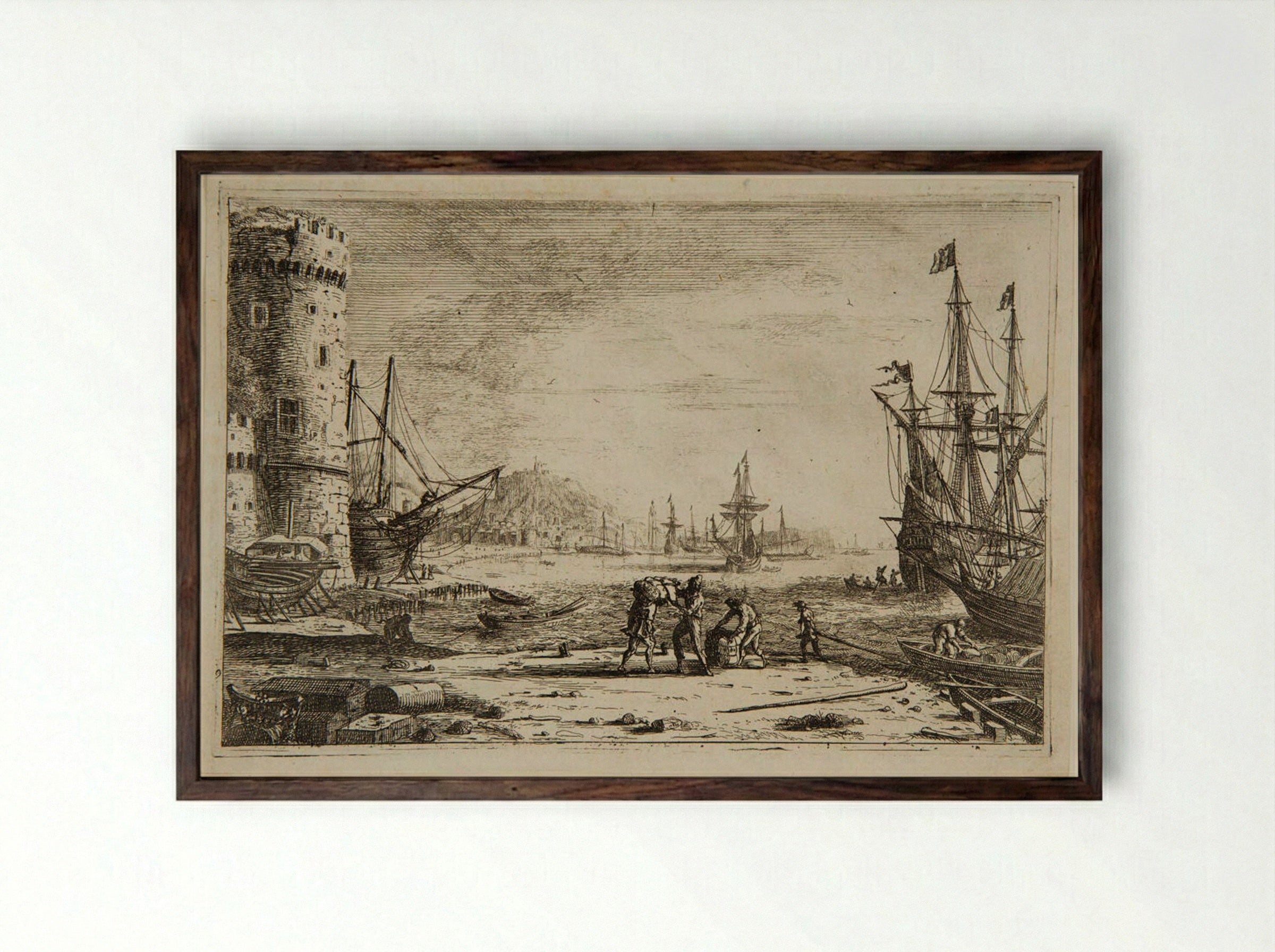 Seaport, With a Large Tower - Claude Lorrain - Framed Print Dark Wood