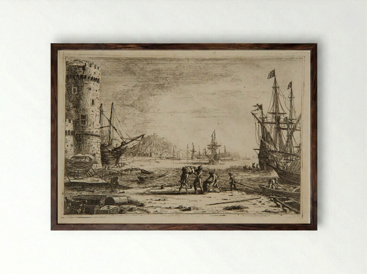 Seaport, With a Large Tower - Claude Lorrain - Framed Print Dark Wood