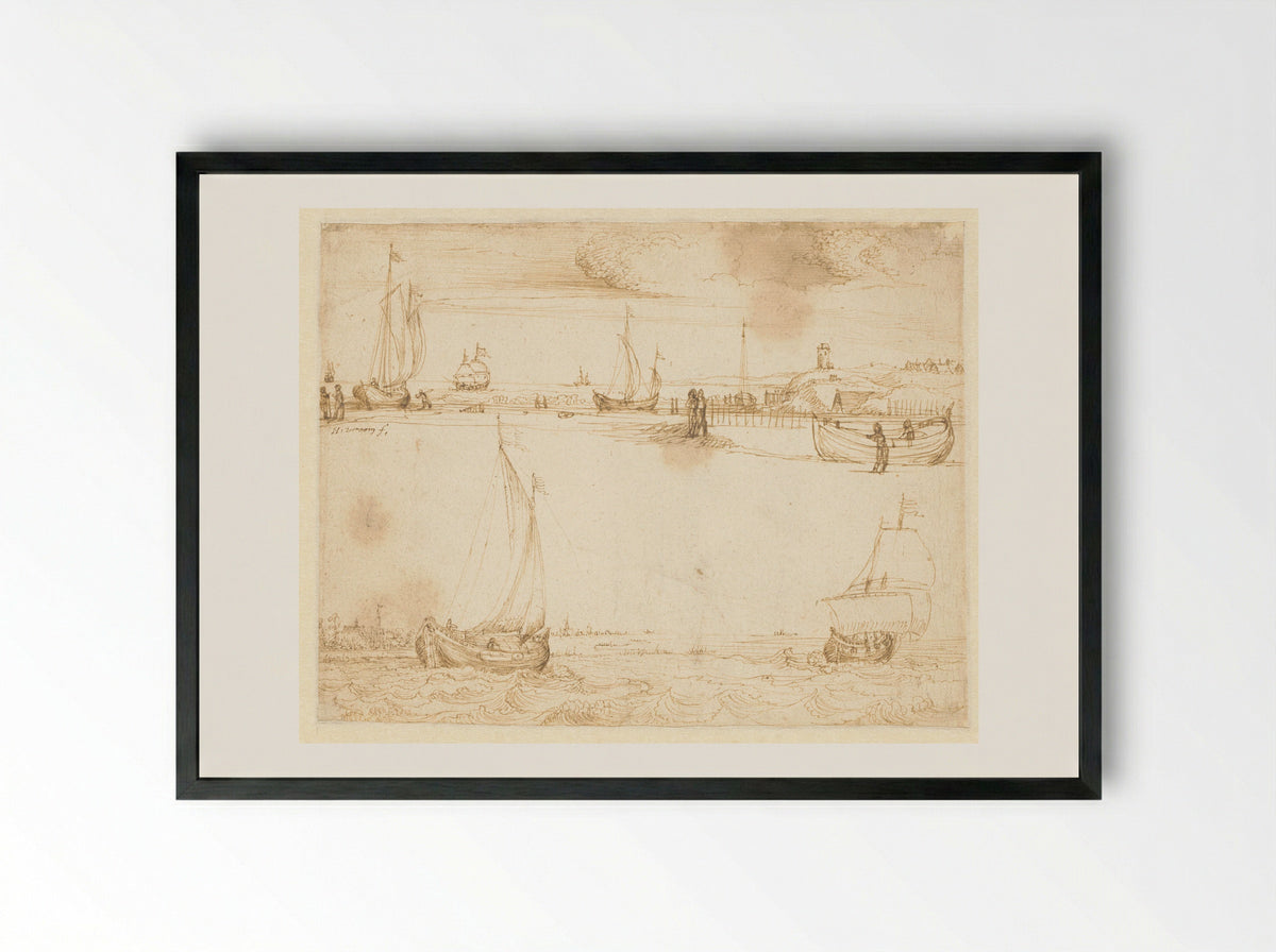 Seascape with Dunes and Lighthouse - Hendrik Cornelisz. Vroom - Framed Print Black