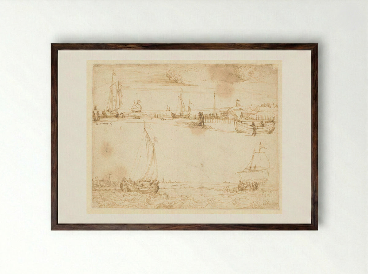 Seascape with Dunes and Lighthouse - Hendrik Cornelisz. Vroom - Framed Print Dark Wood