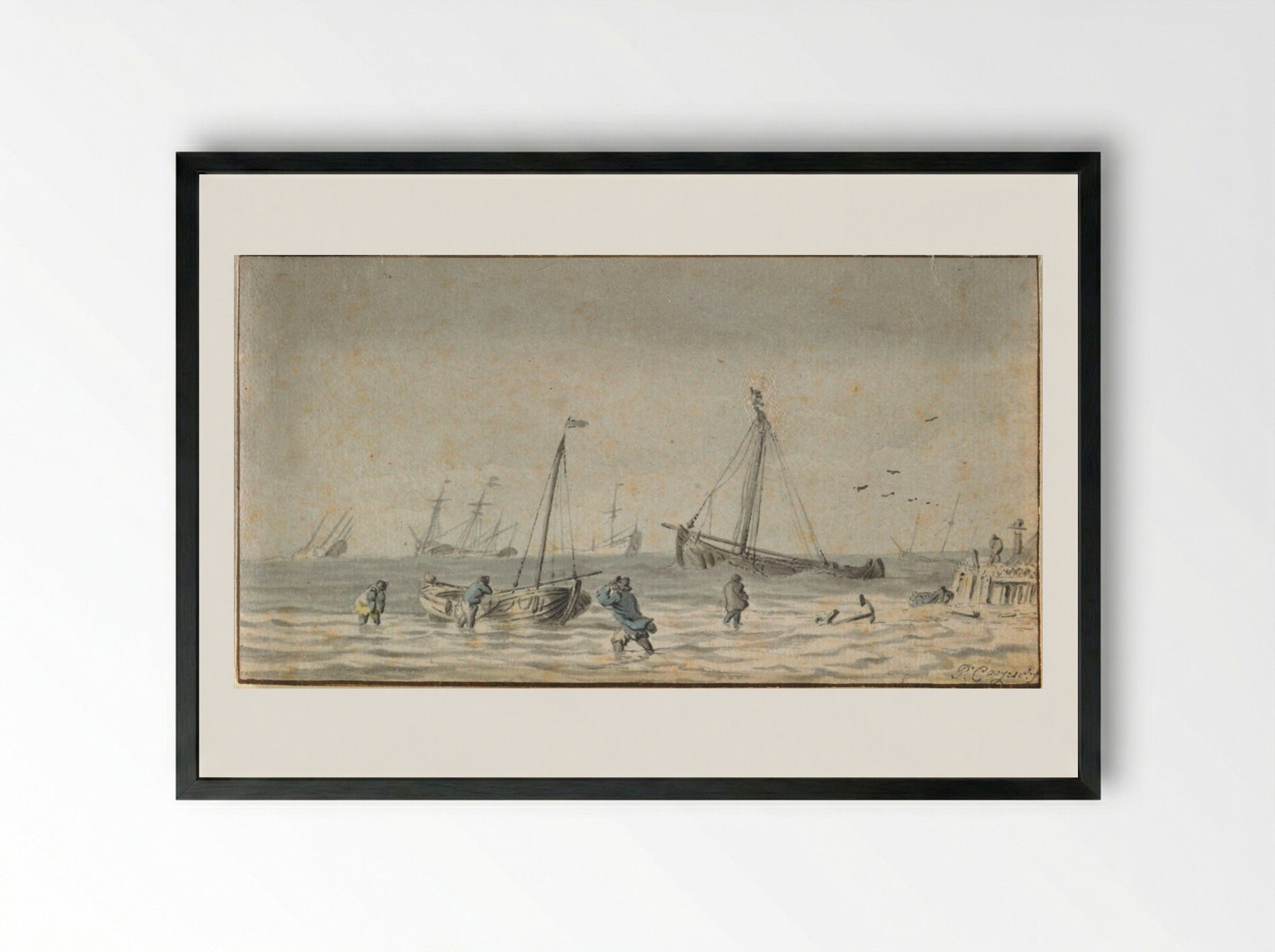 Seascape with Figures and Boats - Pieter Coopse - Framed Print Black