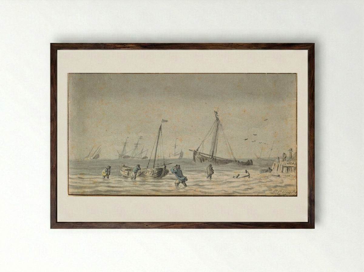 Seascape with Figures and Boats - Pieter Coopse - Framed Print Dark Wood