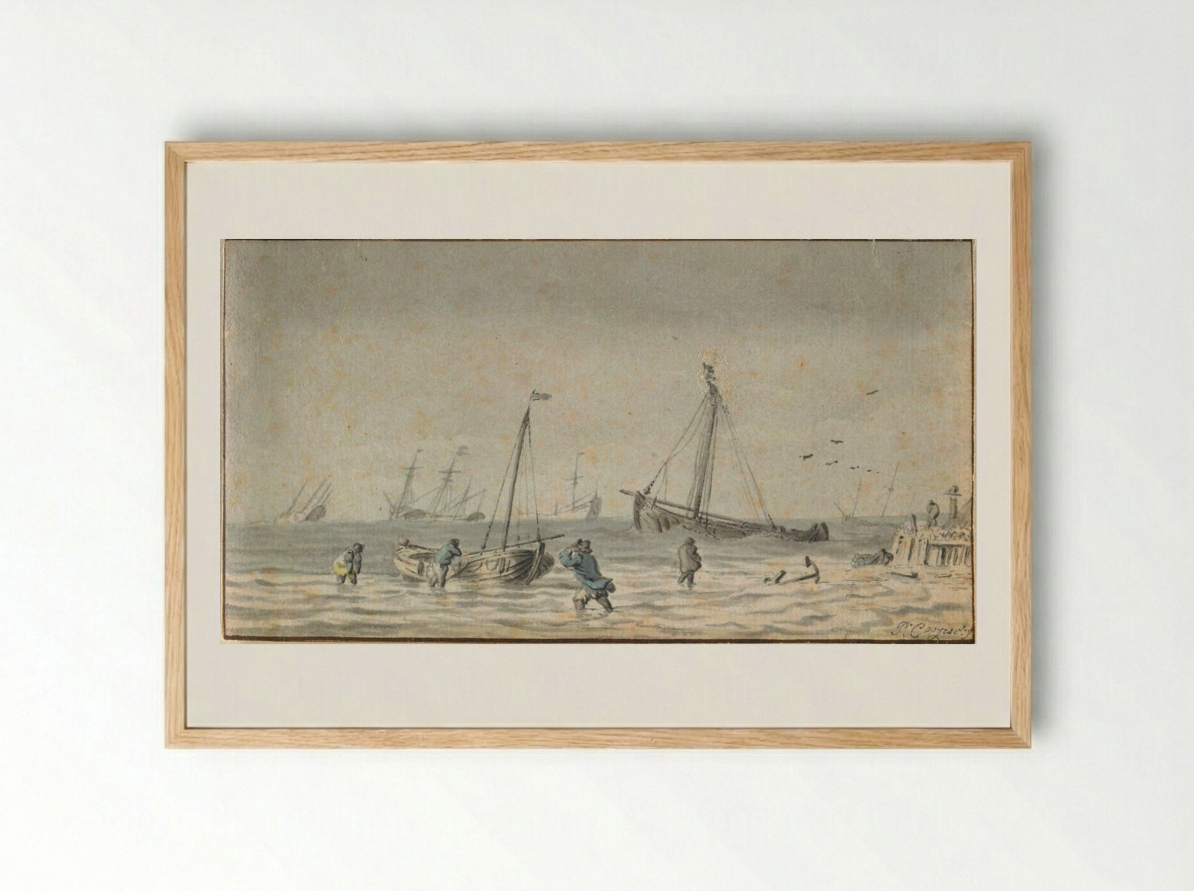 Seascape with Figures and Boats - Pieter Coopse - Framed Print Wood