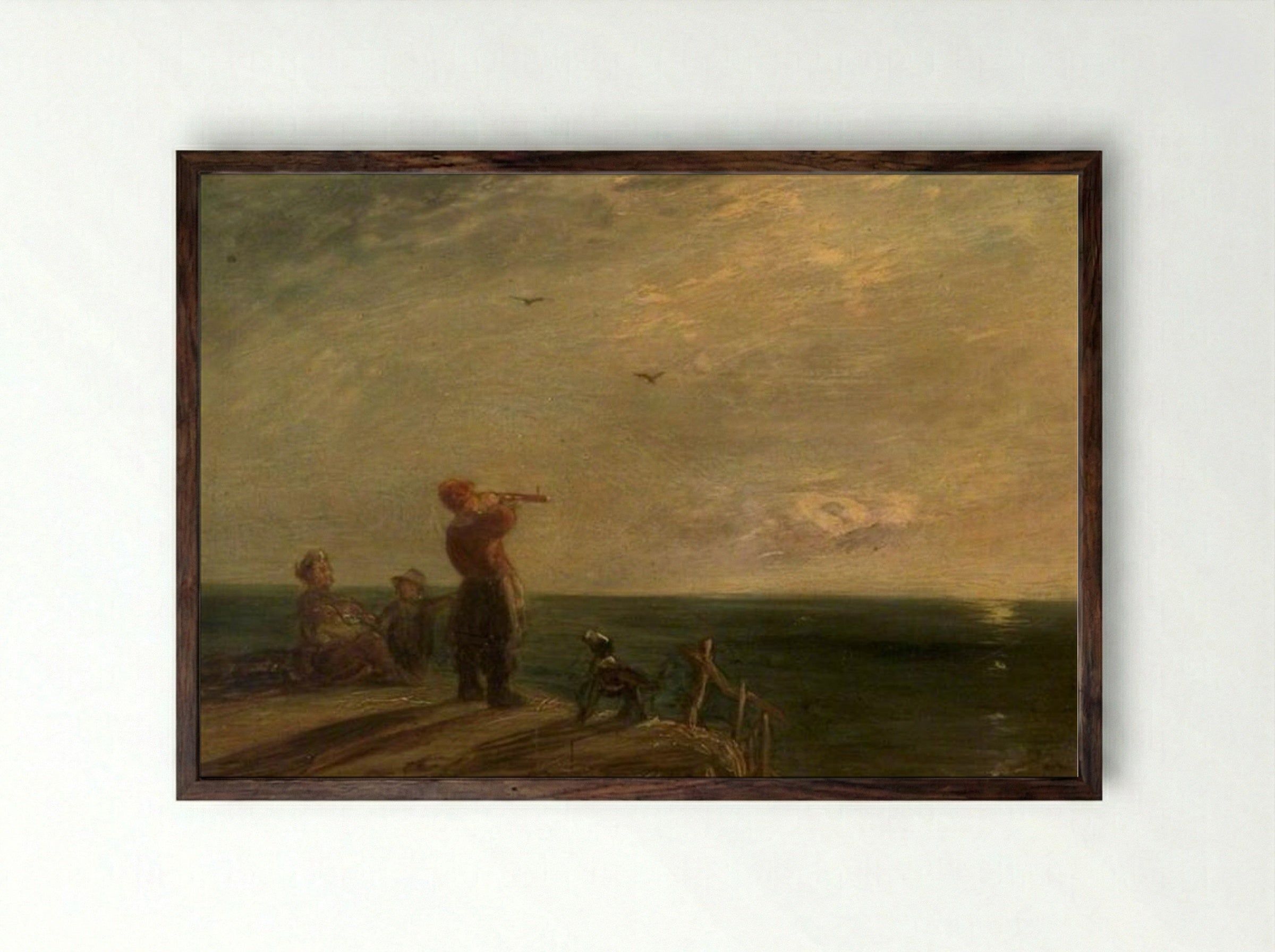 Seascape with Figures and Dog, Sunset - William Collins - Framed Print Dark Wood