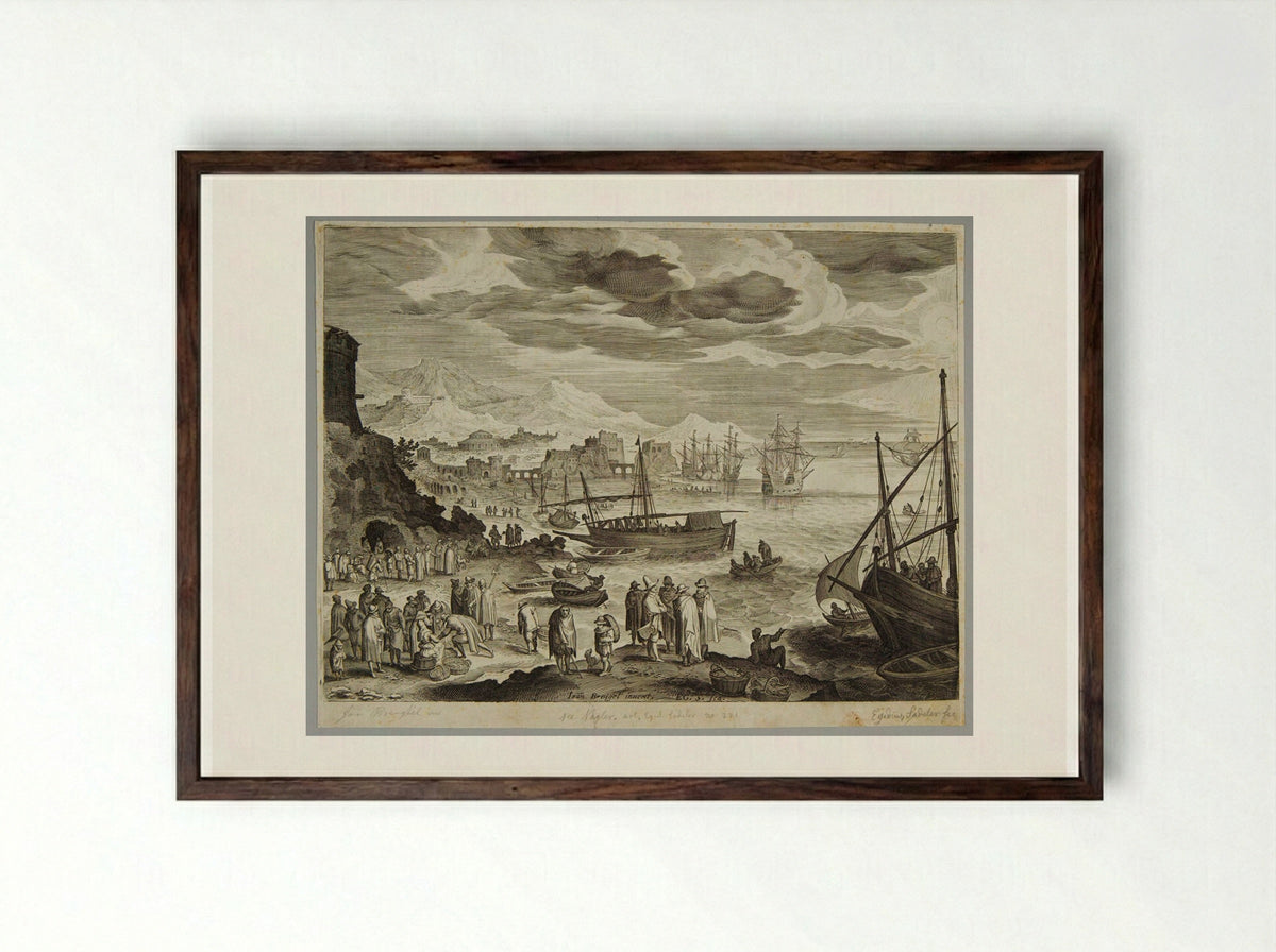 Seashore with Fishermen and Fishmongers - Aegidius Sadeler II - Framed Print Dark Wood