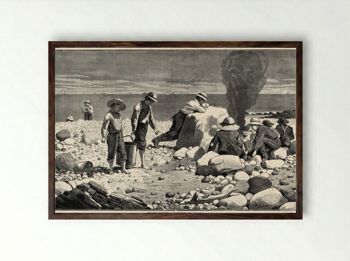 Seaside Sketches - A clam-bake - Winslow Homer - Framed Print Dark Wood