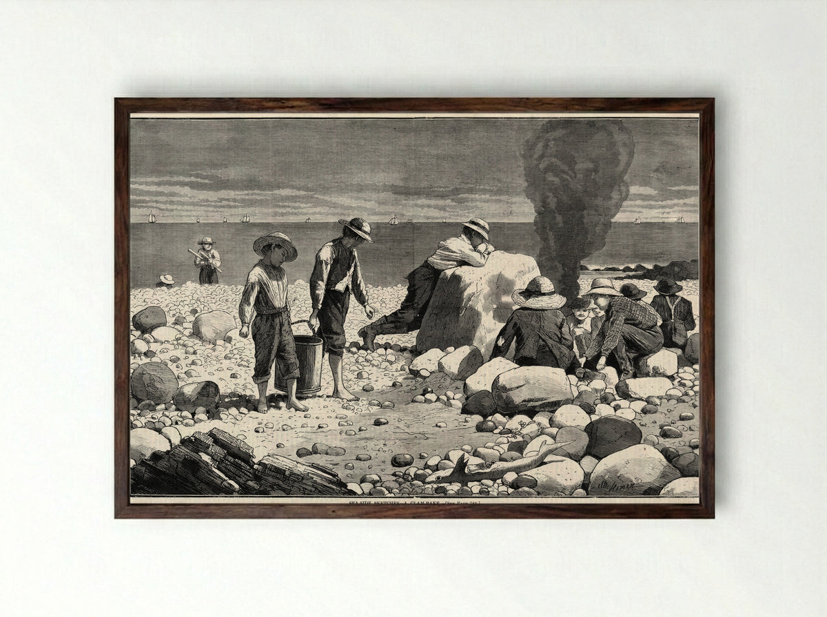 Seaside Sketches - A clam-bake - Winslow Homer - Framed Print Dark Wood