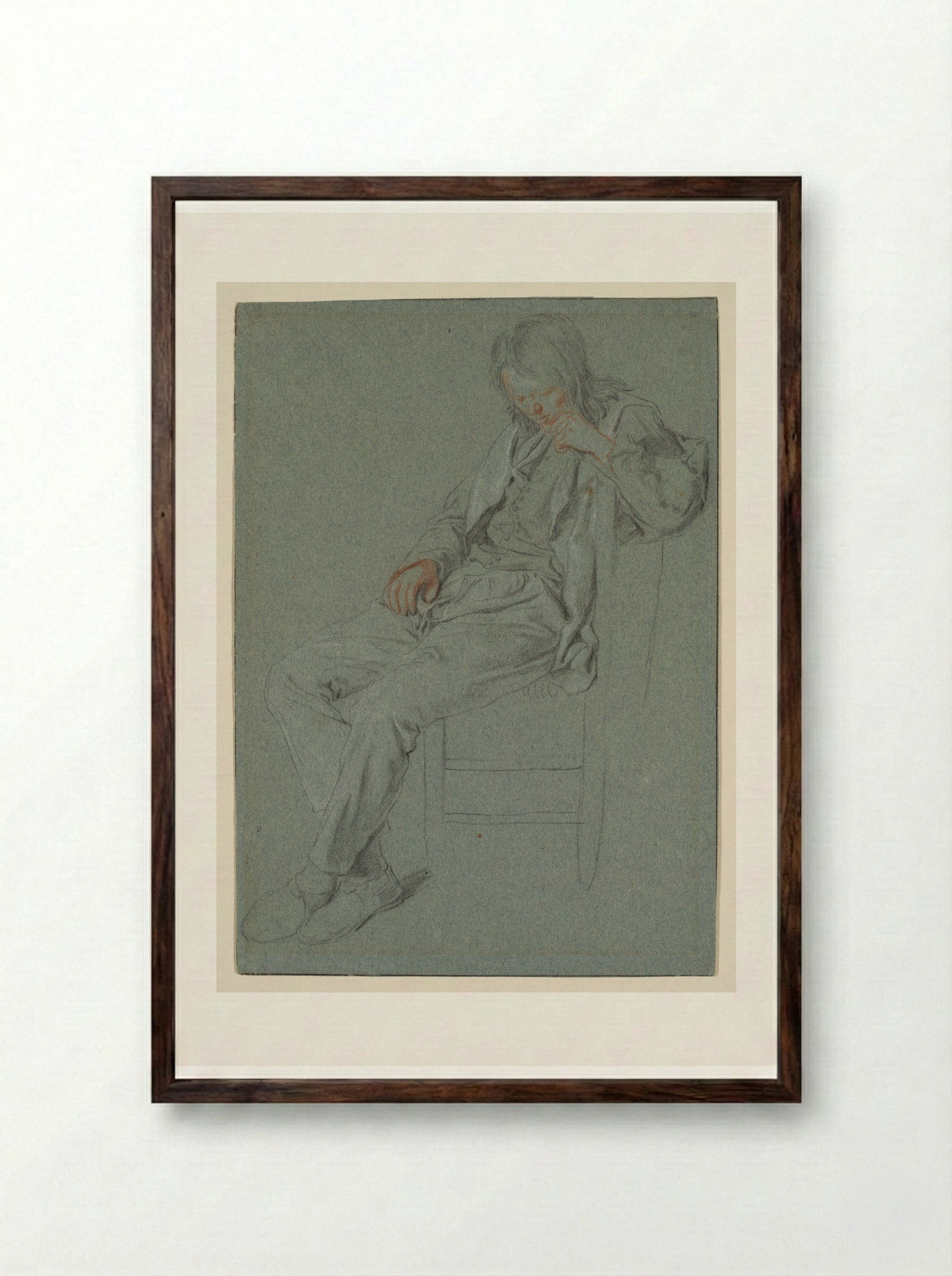 Seated Boy Looking Down - Cornelis Dusart - Framed Print Dark Wood